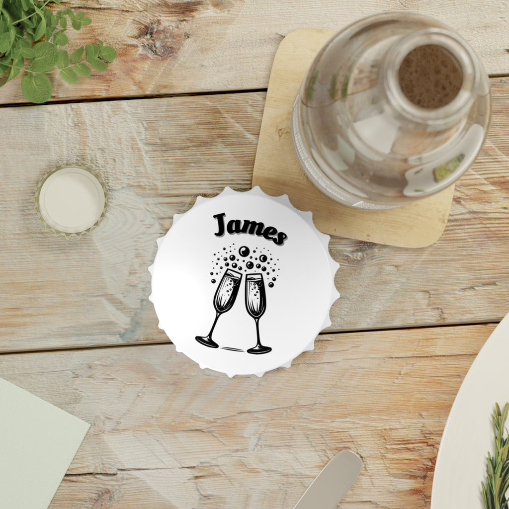 Personalized Magnetic Bottle Opener | Champagne Toast Design with Name - Black