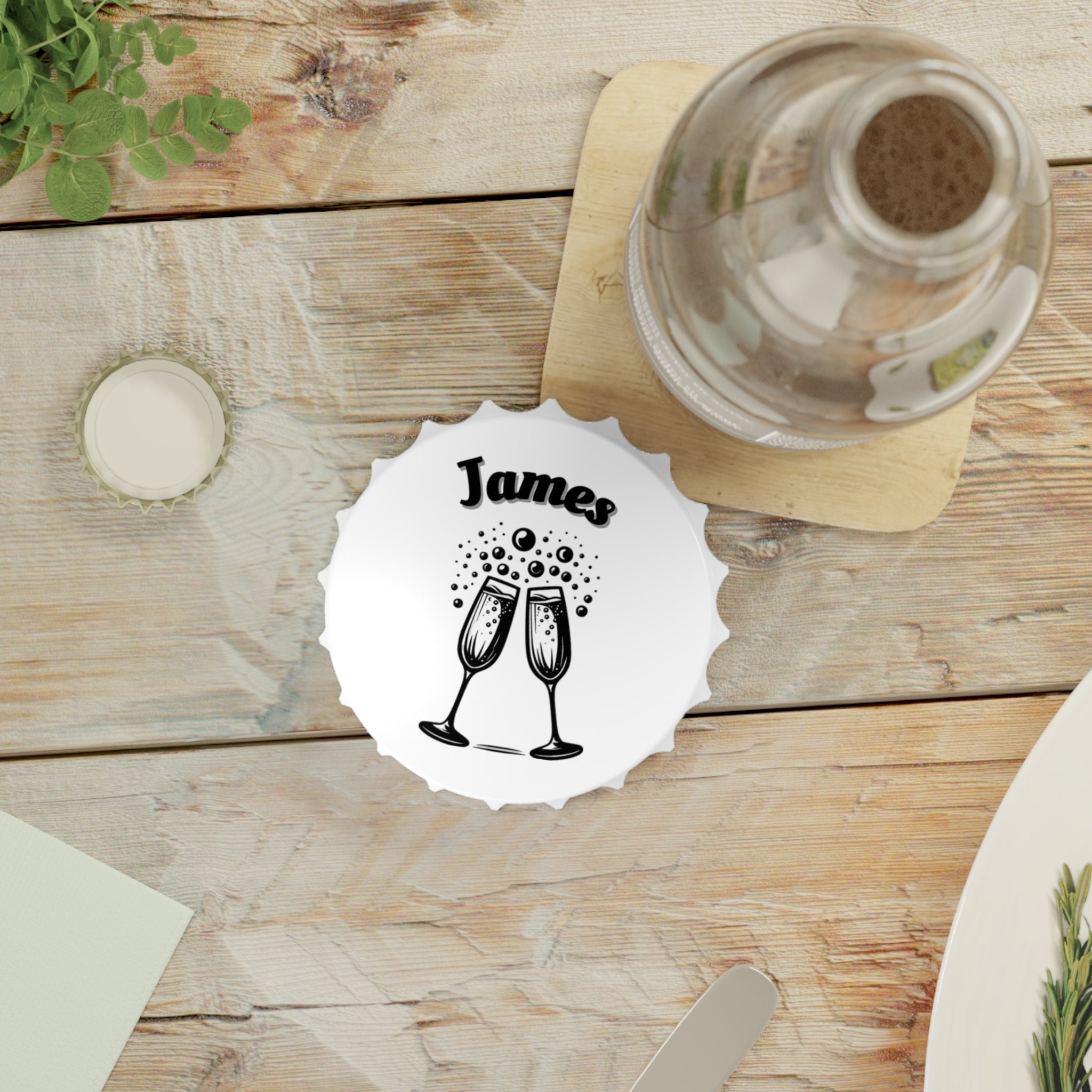 Personalized Magnetic Bottle Opener | Champagne Toast Design with Name - Black
