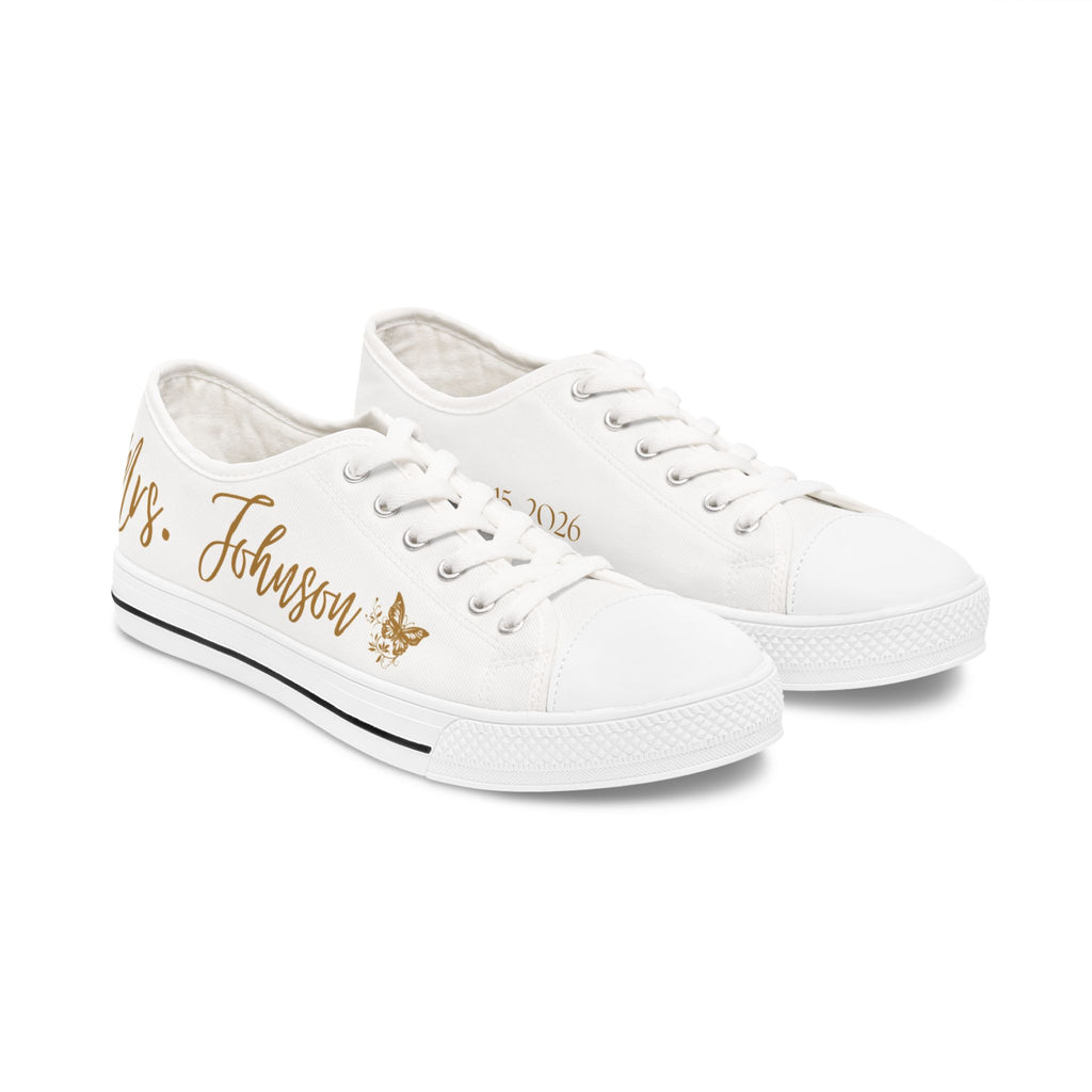 Mrs. Johnson butterfly design Women's Low Top Sneakers | customizable name and wedding date - Gold