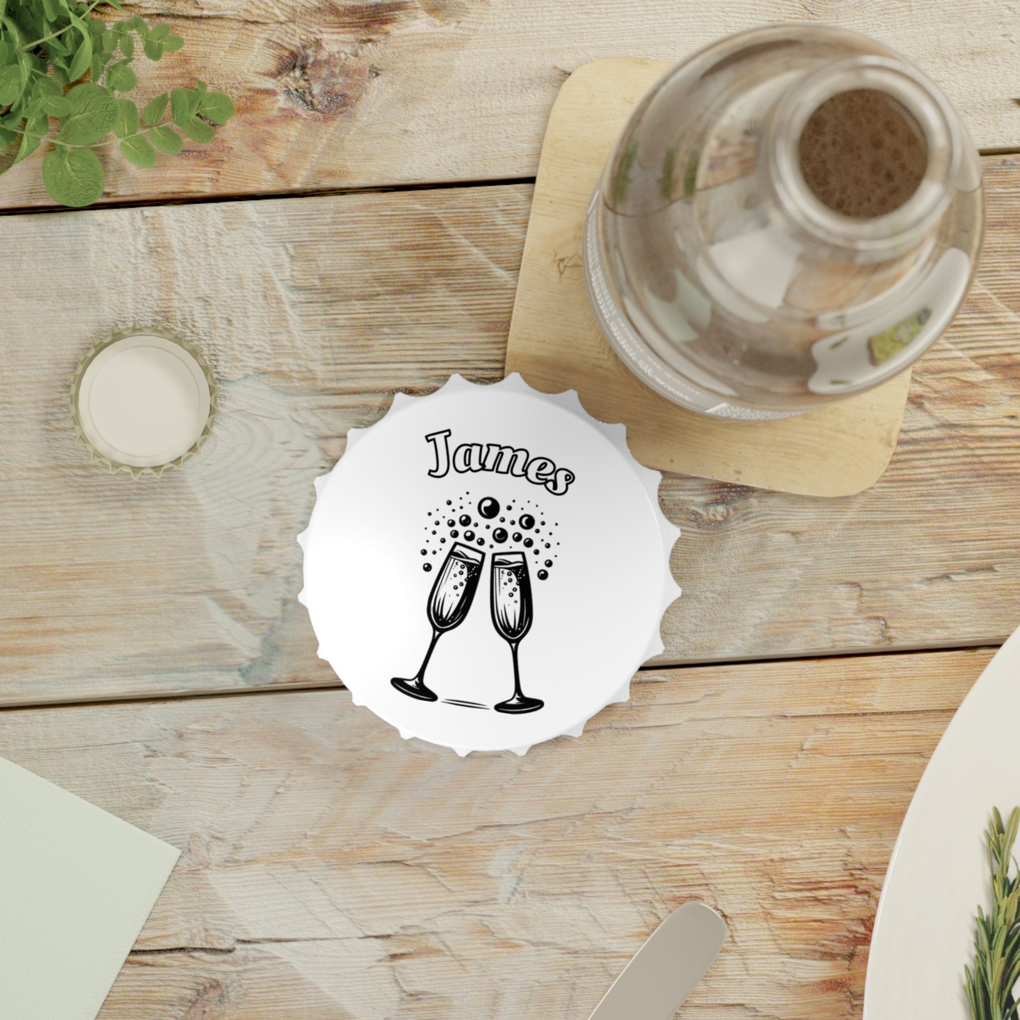Personalized Magnetic Bottle Opener | Champagne Toast Design with Name - White