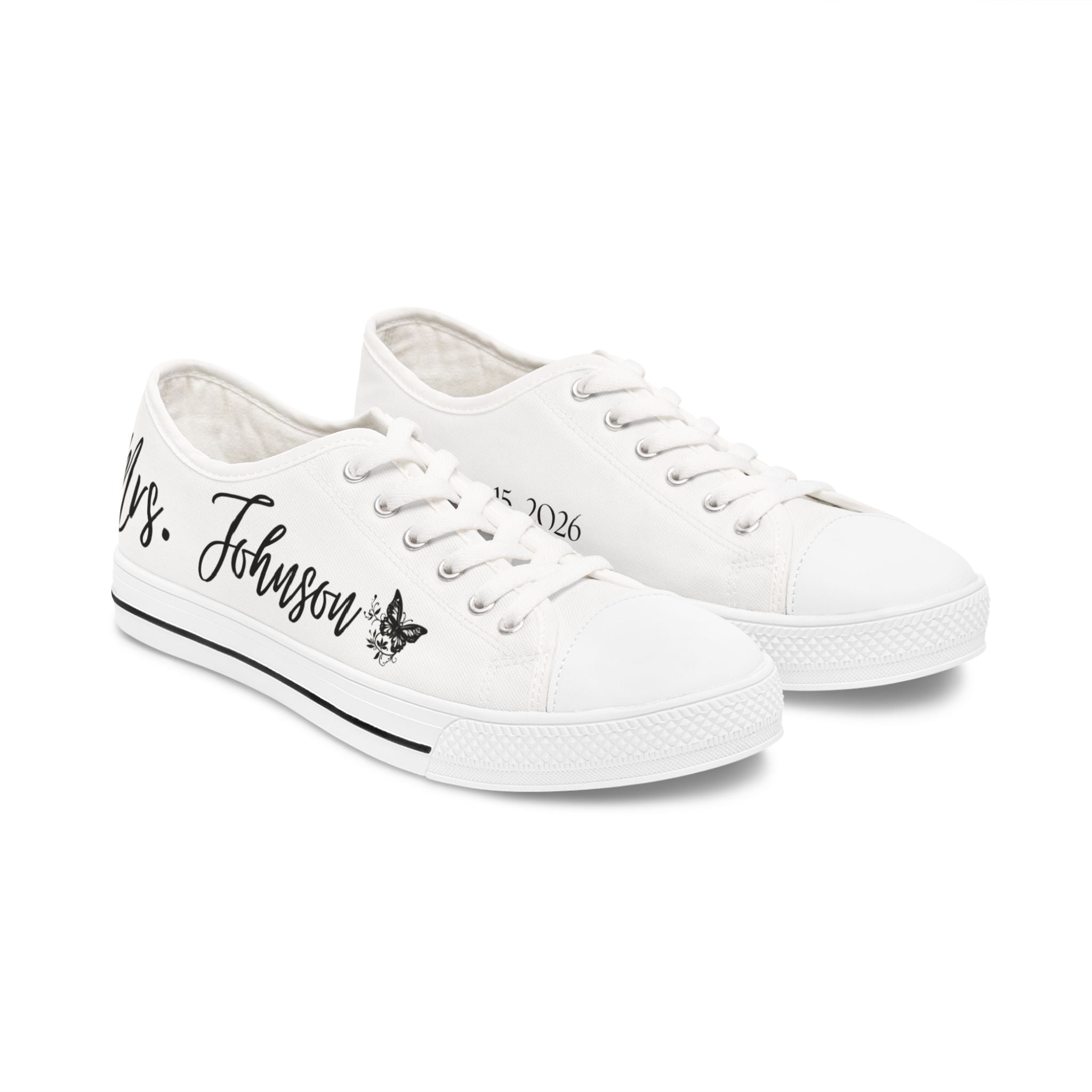 Mrs. Johnson butterfly design Women's Low Top Sneakers | customizable name and wedding date - Black
