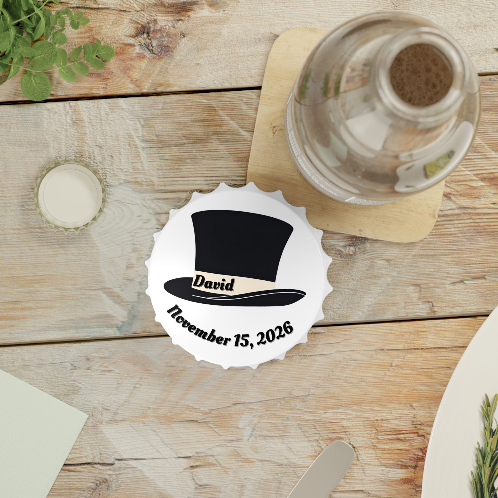 NAME Top Hat Magnetic Bottle Opener — Customizable Name and Wedding Date