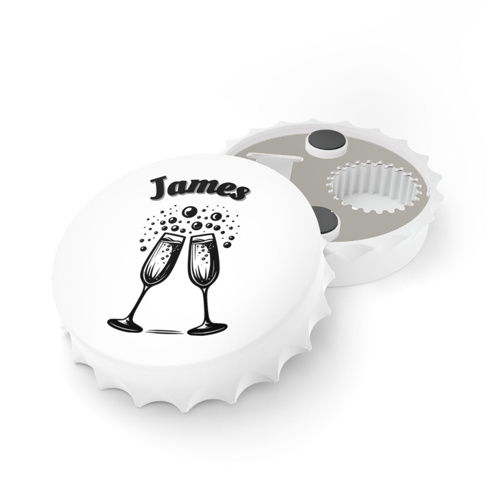 Personalized Magnetic Bottle Opener | Champagne Toast Design with Name - Black