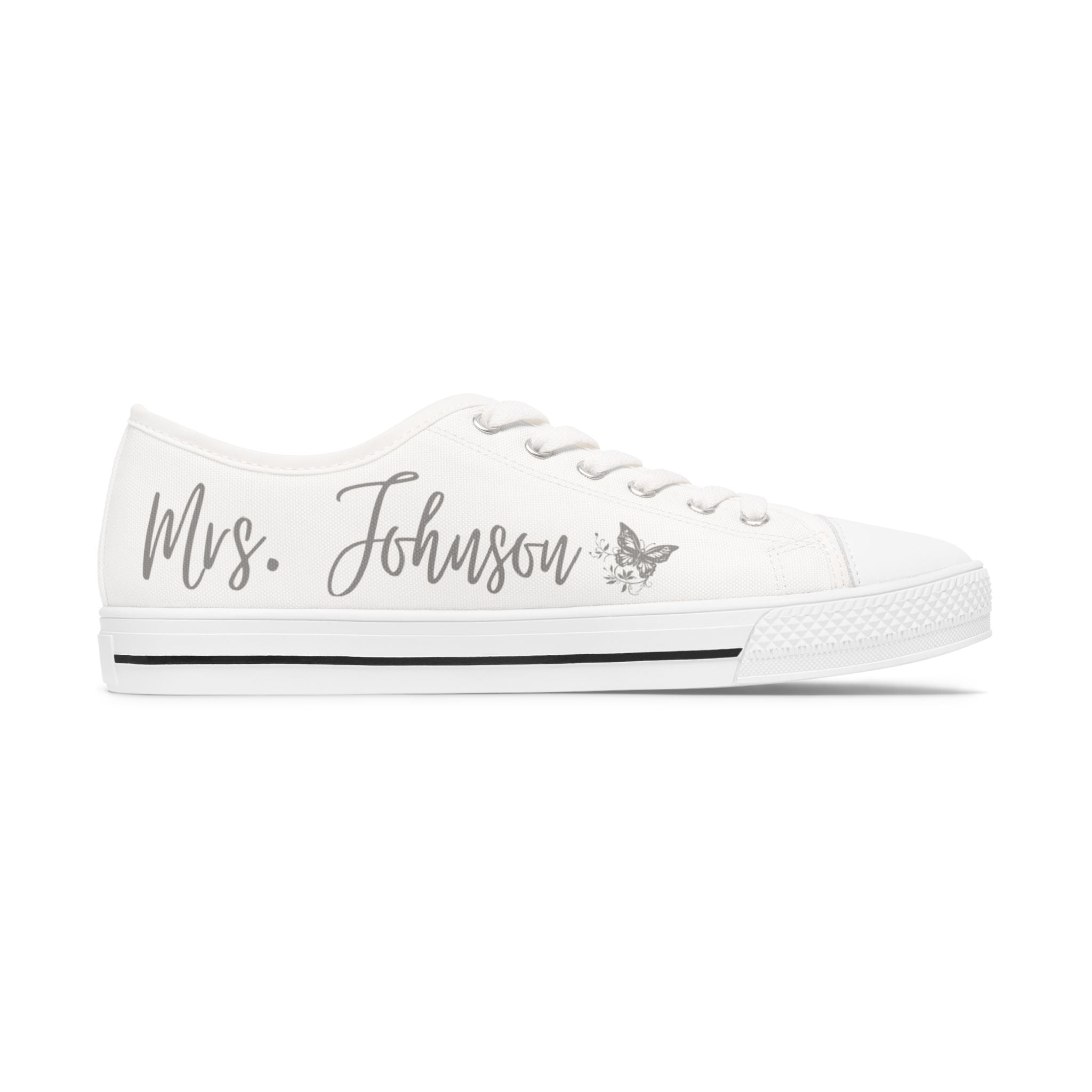 Mrs. Johnson butterfly design Women's Low Top Sneakers | customizable name and wedding date - Silver