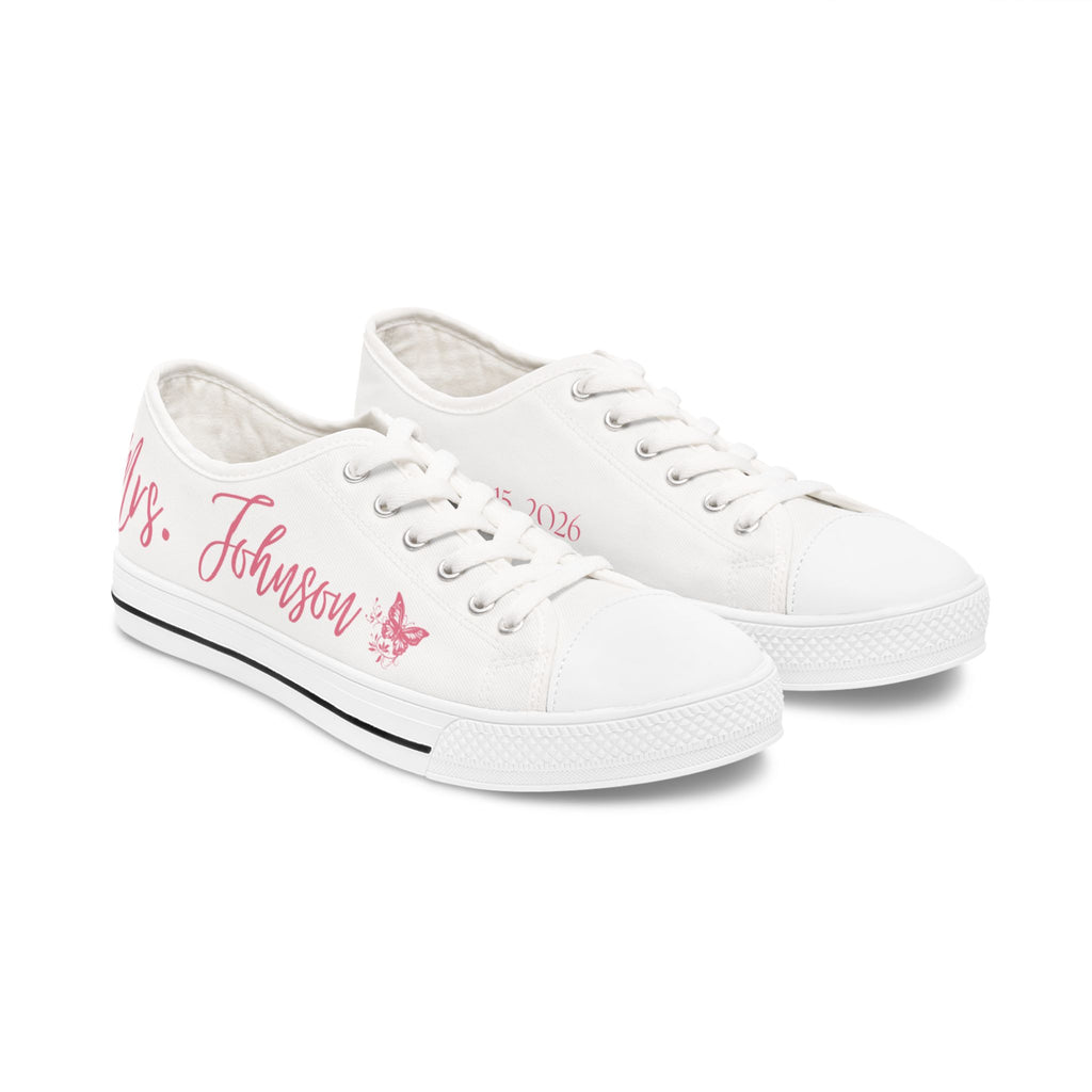 Mrs. Johnson butterfly design Women's Low Top Sneakers | customizable name and wedding date - Pink