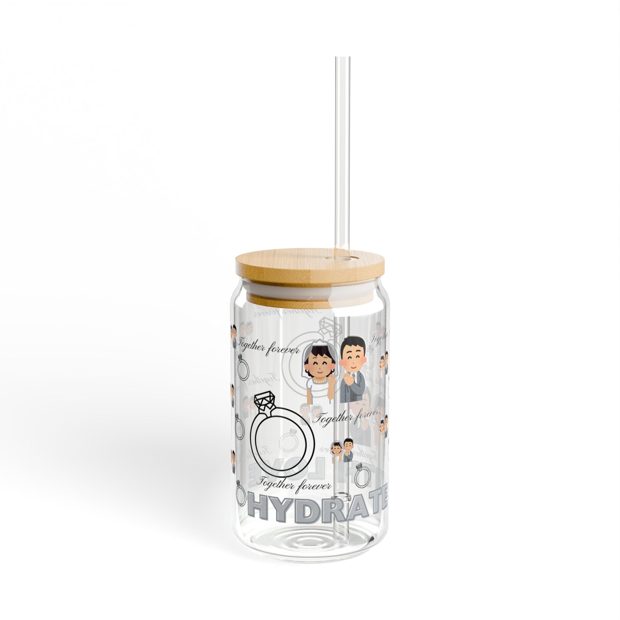Sipper Glass 16oz – ‘Together forever' and 'Hydrate with Love' text with bride and groom design