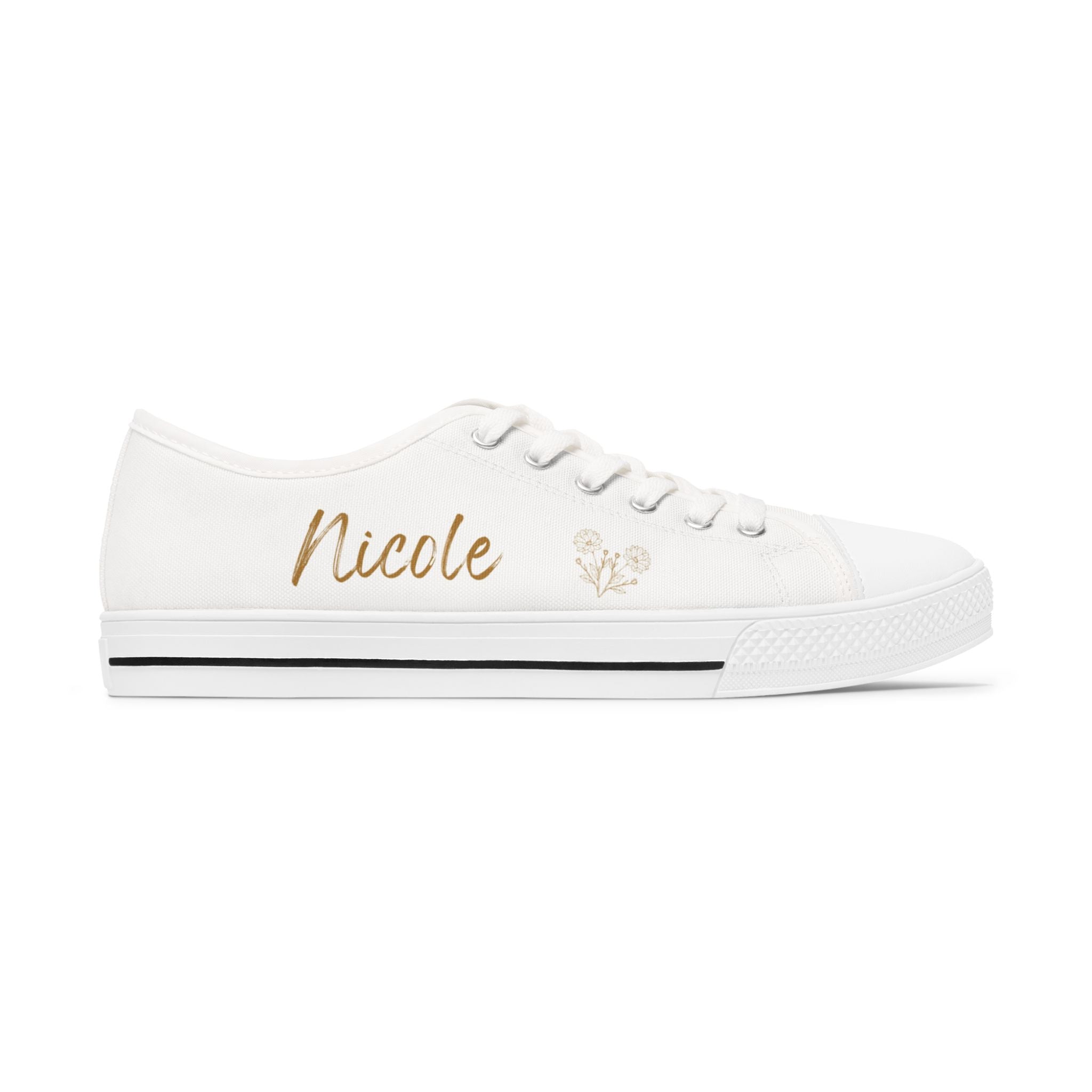 Personalized Bridesmaid Low Top Sneakers | Custom Name & Wildflower Design – Gold