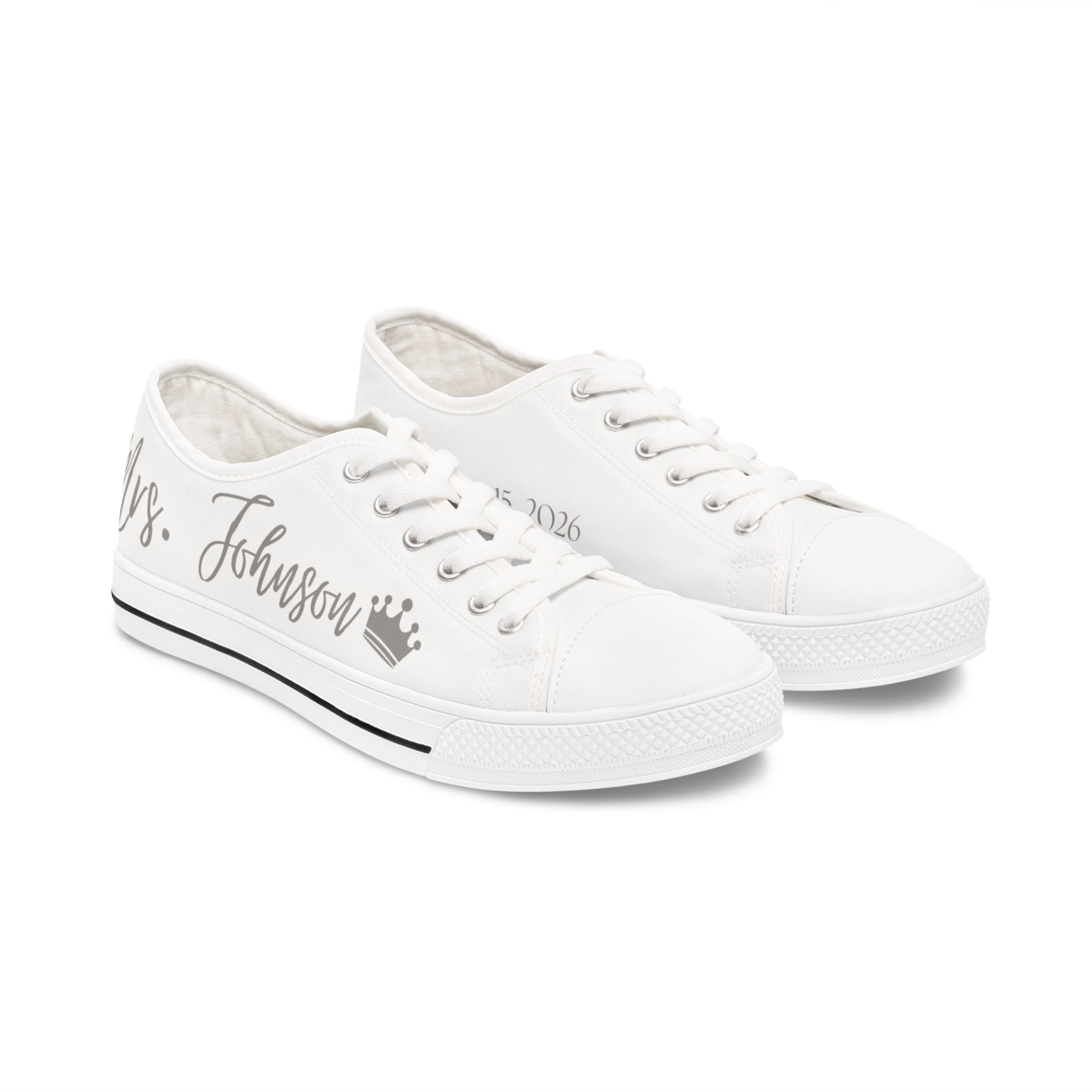 Mrs. Johnson crown design Women's Low Top Sneakers | customizable name and wedding date - Silver