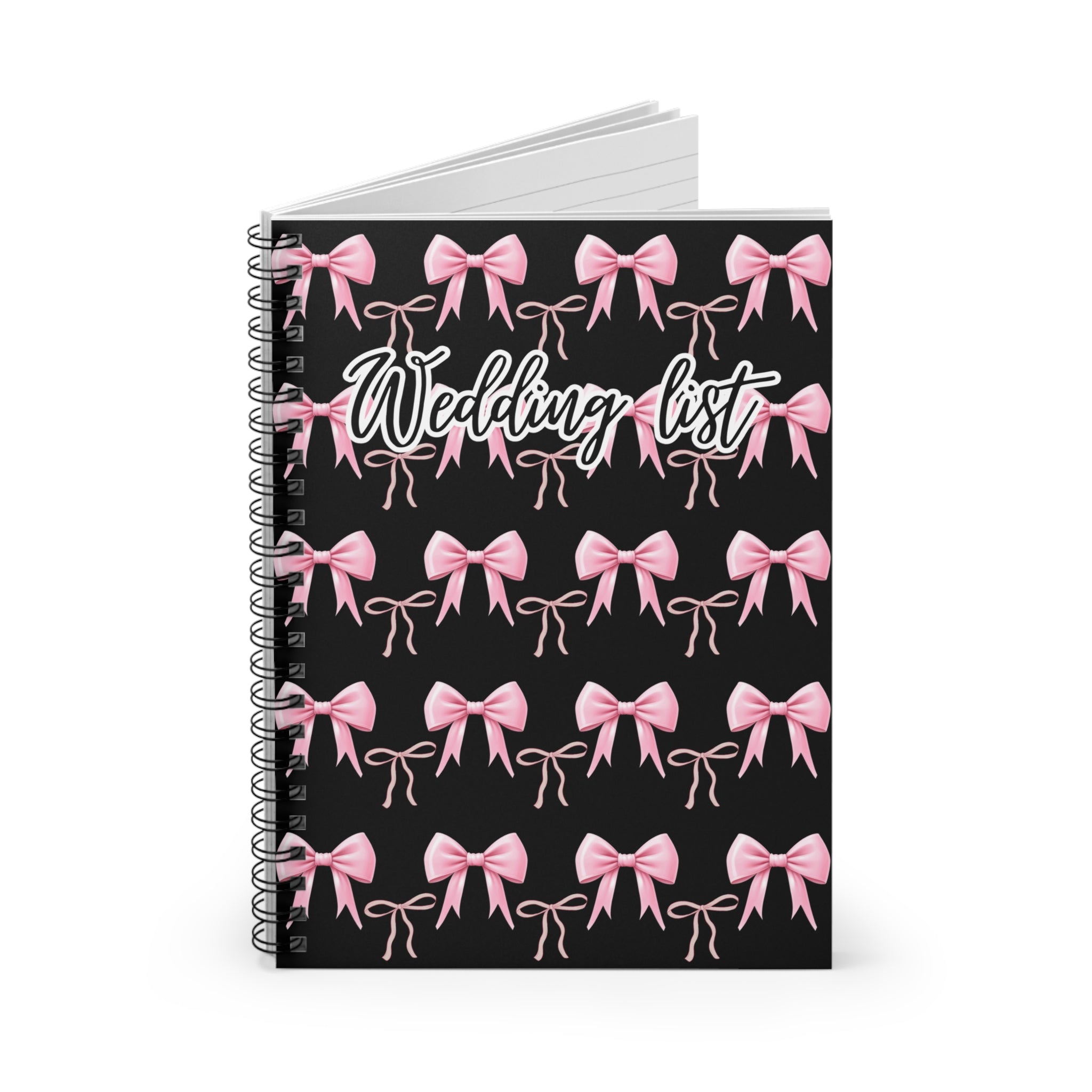 Wedding List Spiral Notebook | Ruled Notebook, Pink Bows Pattern – Black