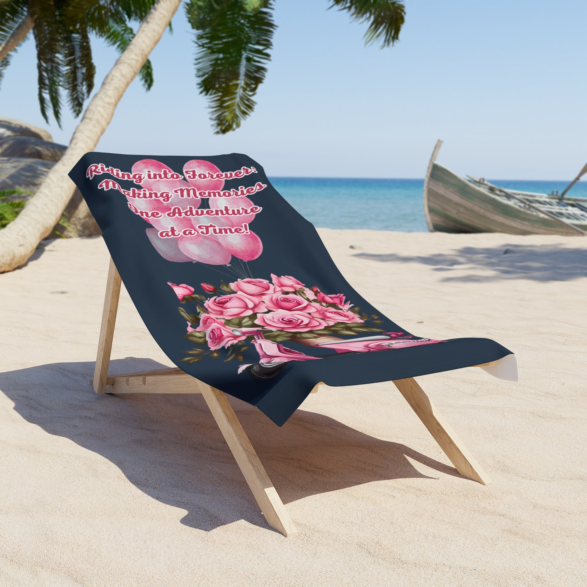 Beach Towel | Just married - 'Riding into forever: Making memories one adventure at a time' - Blue (Vertical)