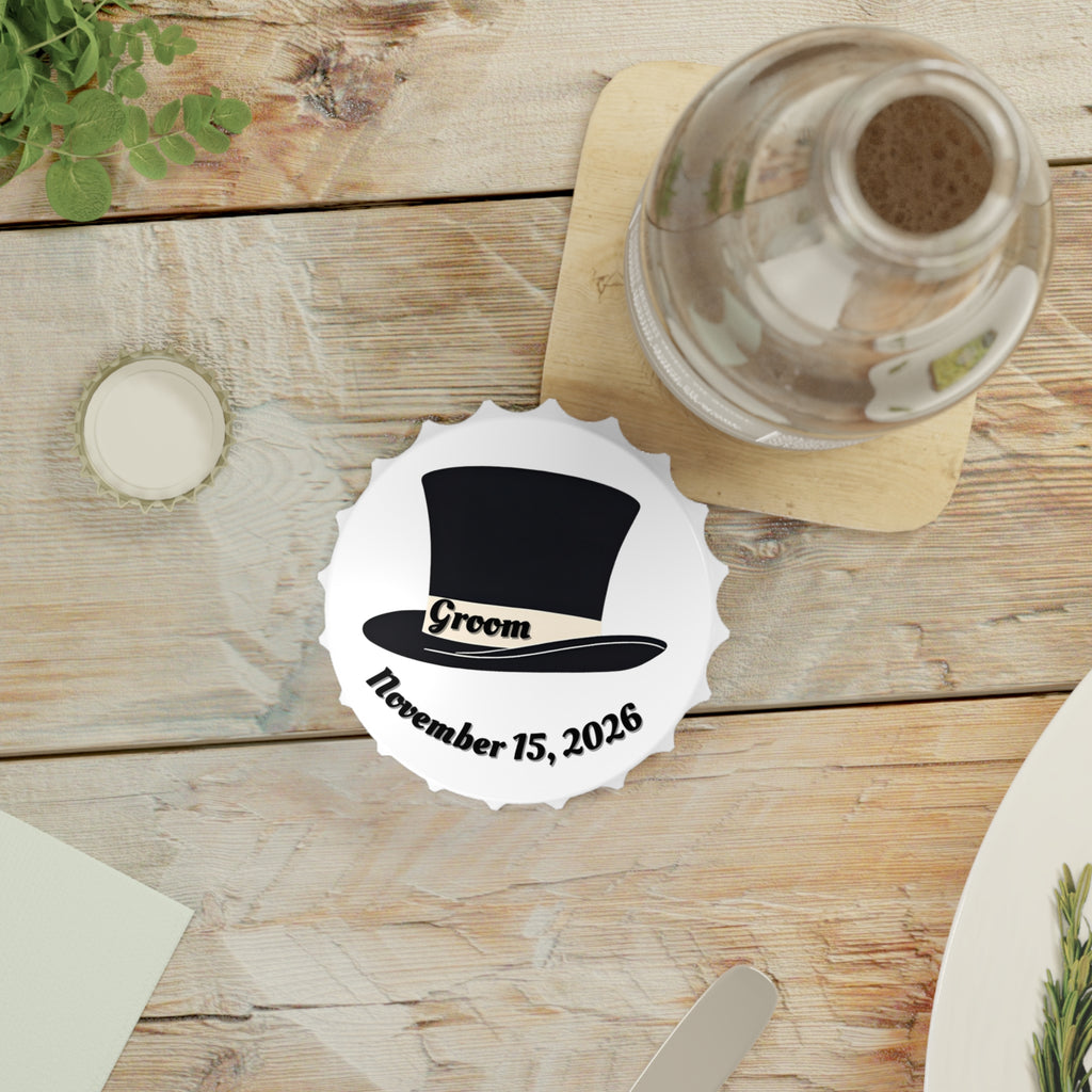 Groom Top Hat Magnetic Bottle Opener — Customizable Wedding Date