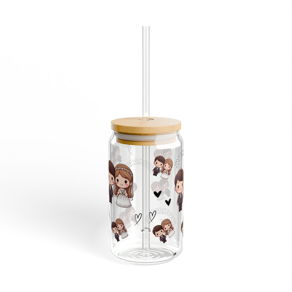 Sipper Glass 16oz - 'Just married' text with a bride and groom print