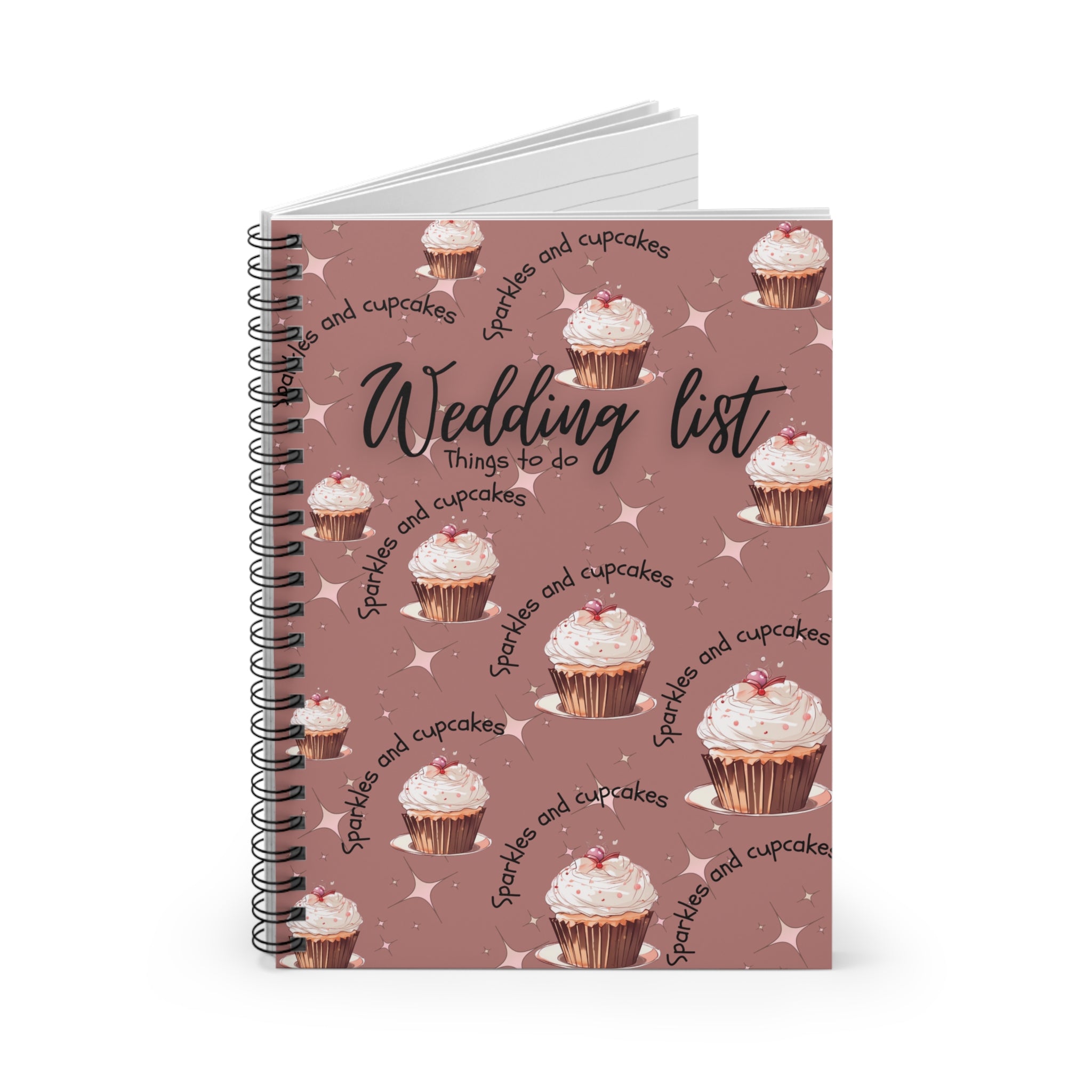 Wedding List Spiral Notebook | Wedding Checklist Sparkles and Cupcakes  - Brown
