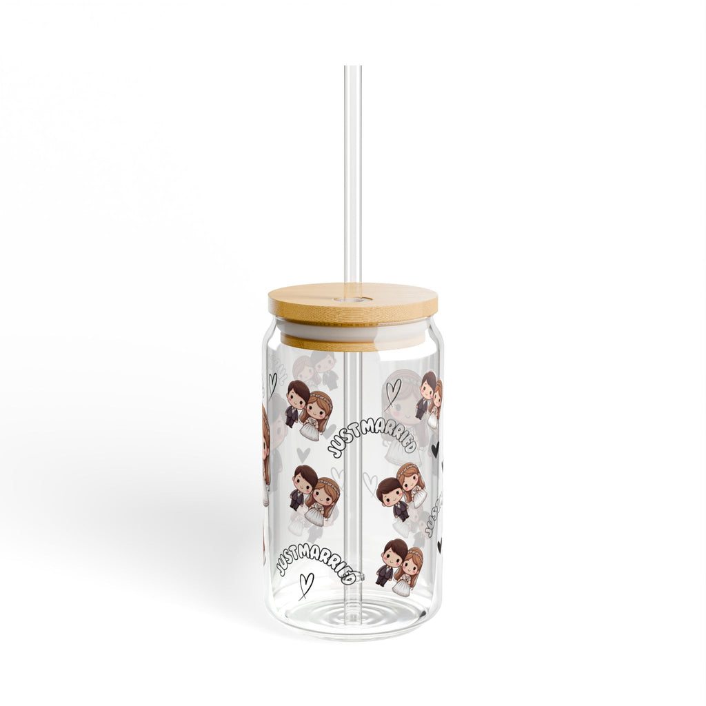 Sipper Glass 16oz - 'Just married' text with a bride and groom print
