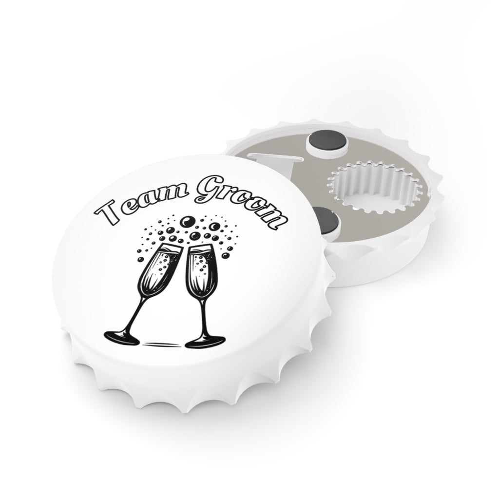 Team Groom Magnetic Bottle Opener — Clinking Champagne Glasses