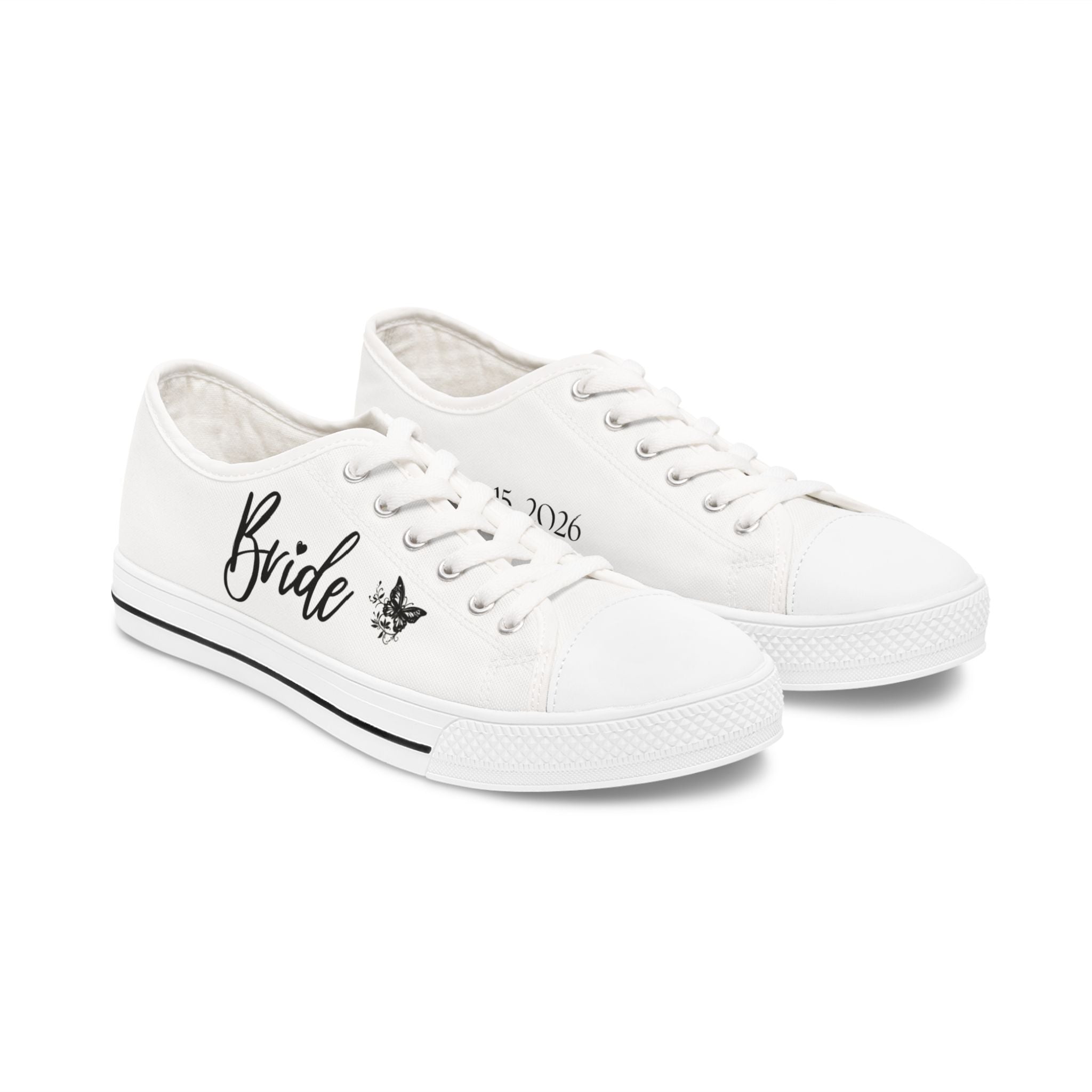 Bride butterfly design Women's Low Top Sneakers | customizable wedding date - Black