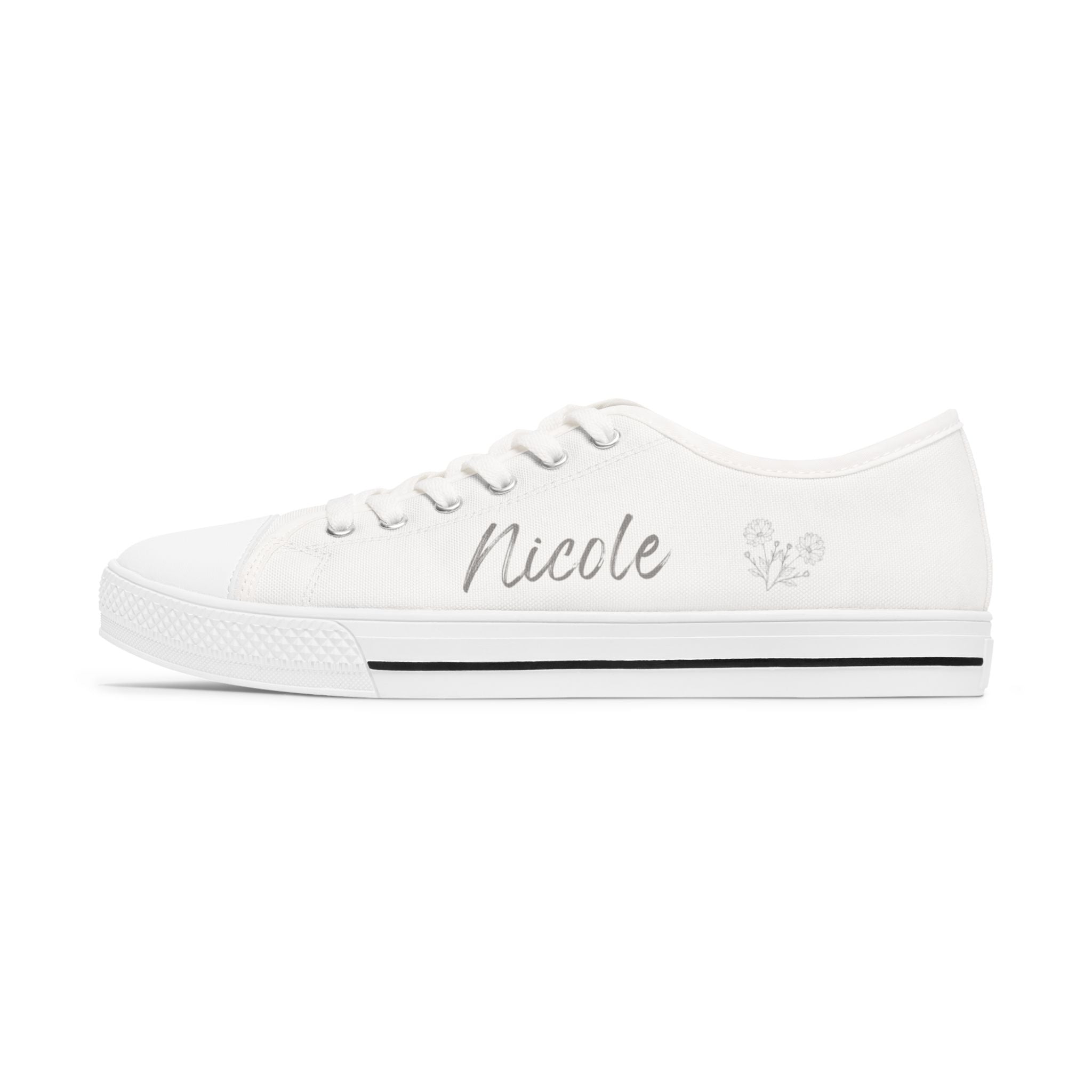 Personalized Bridesmaid Low Top Sneakers | Custom Name & Wildflower Design – Silver