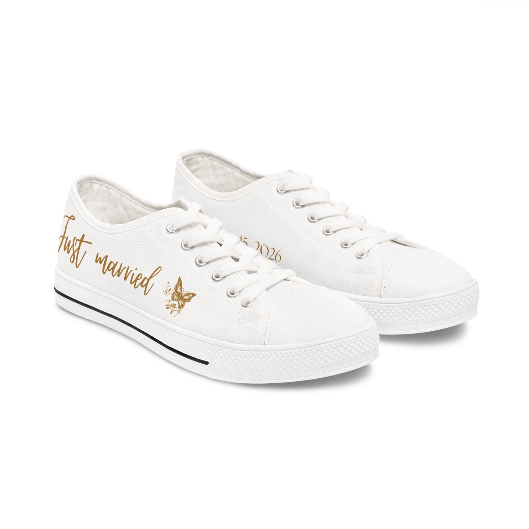 Just Married butterfly design Women's Low Top Sneakers | customizable wedding date - Gold