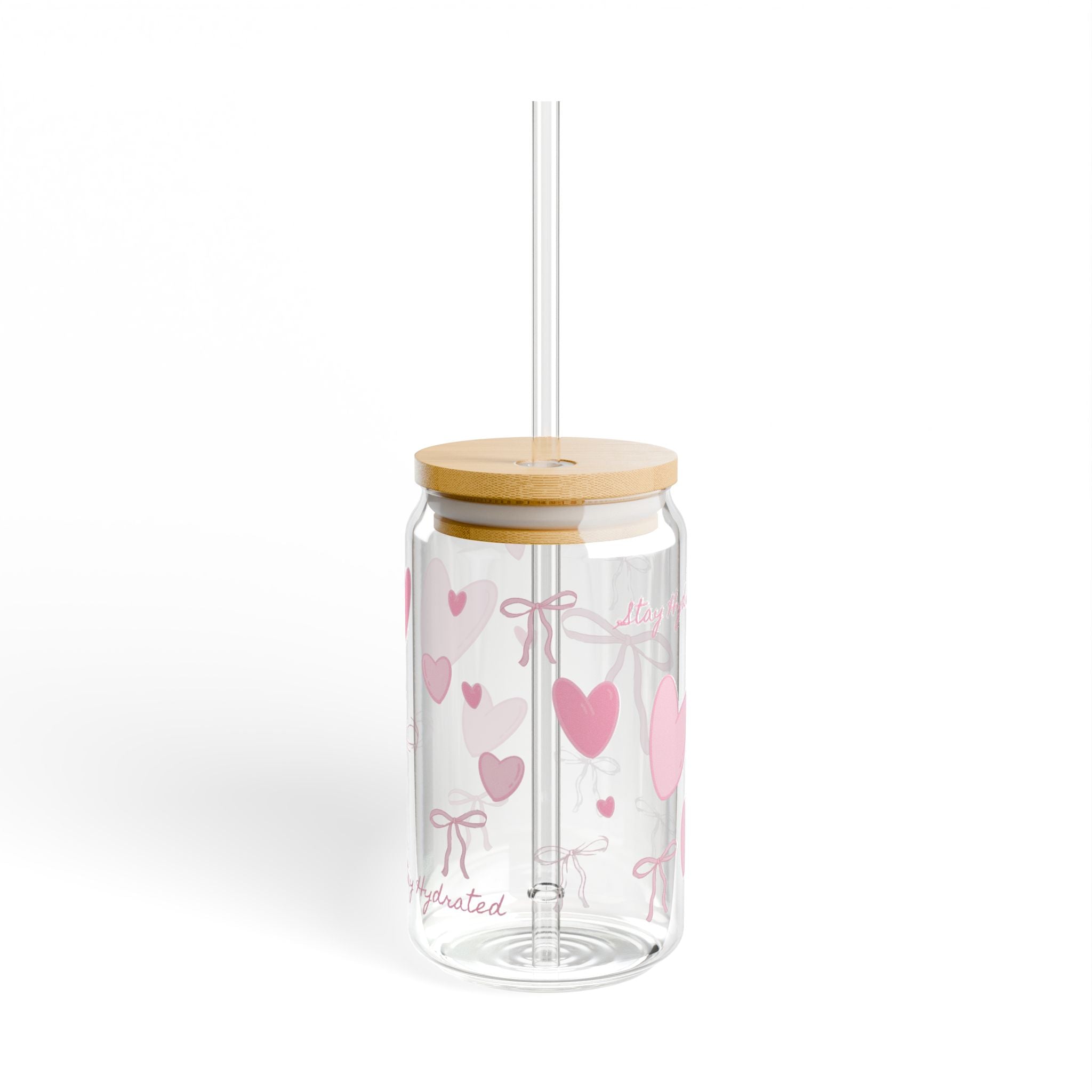 Sipper Glass 16oz - 'Stay Hydrated' text with pink bow and heart design