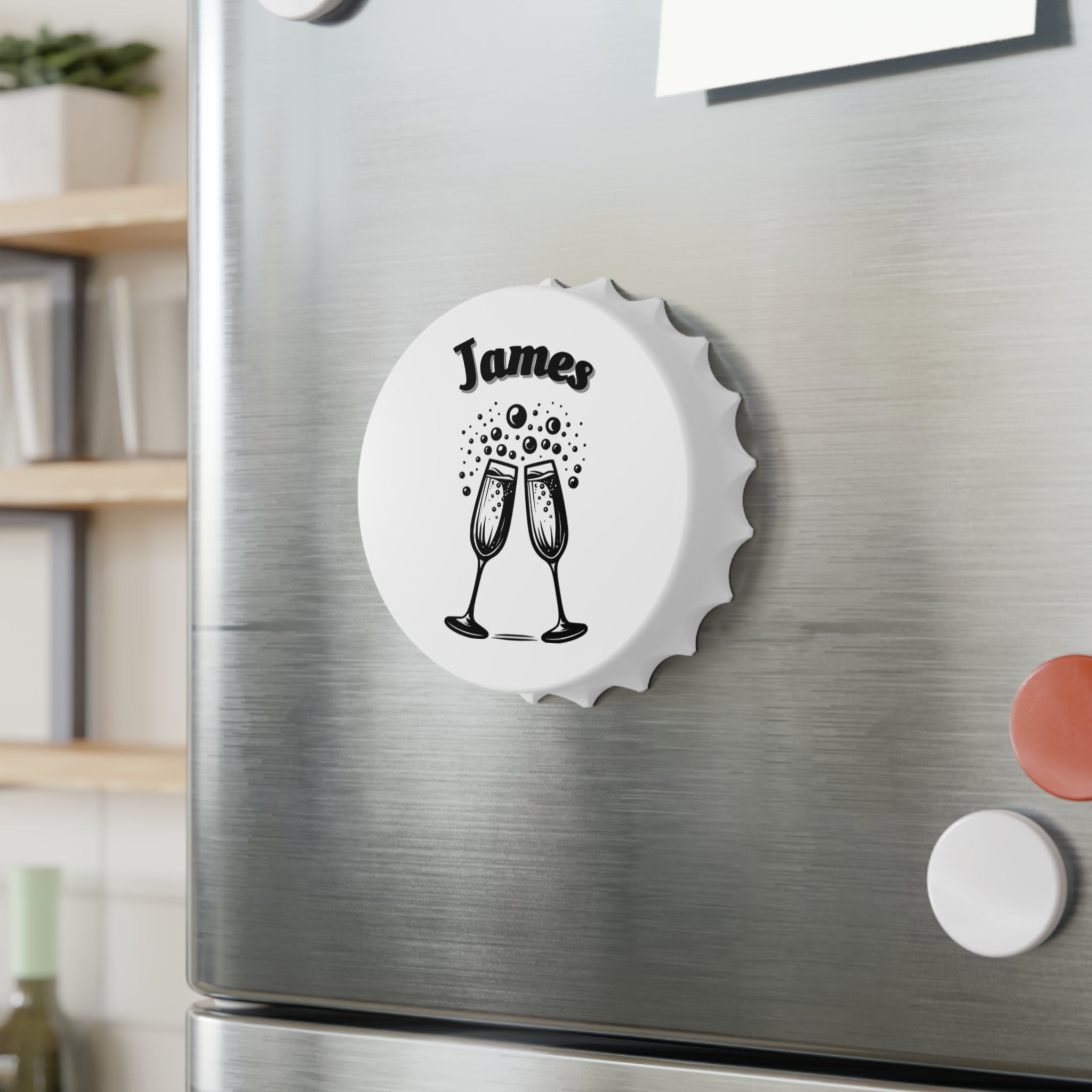 Personalized Magnetic Bottle Opener | Champagne Toast Design with Name - Black