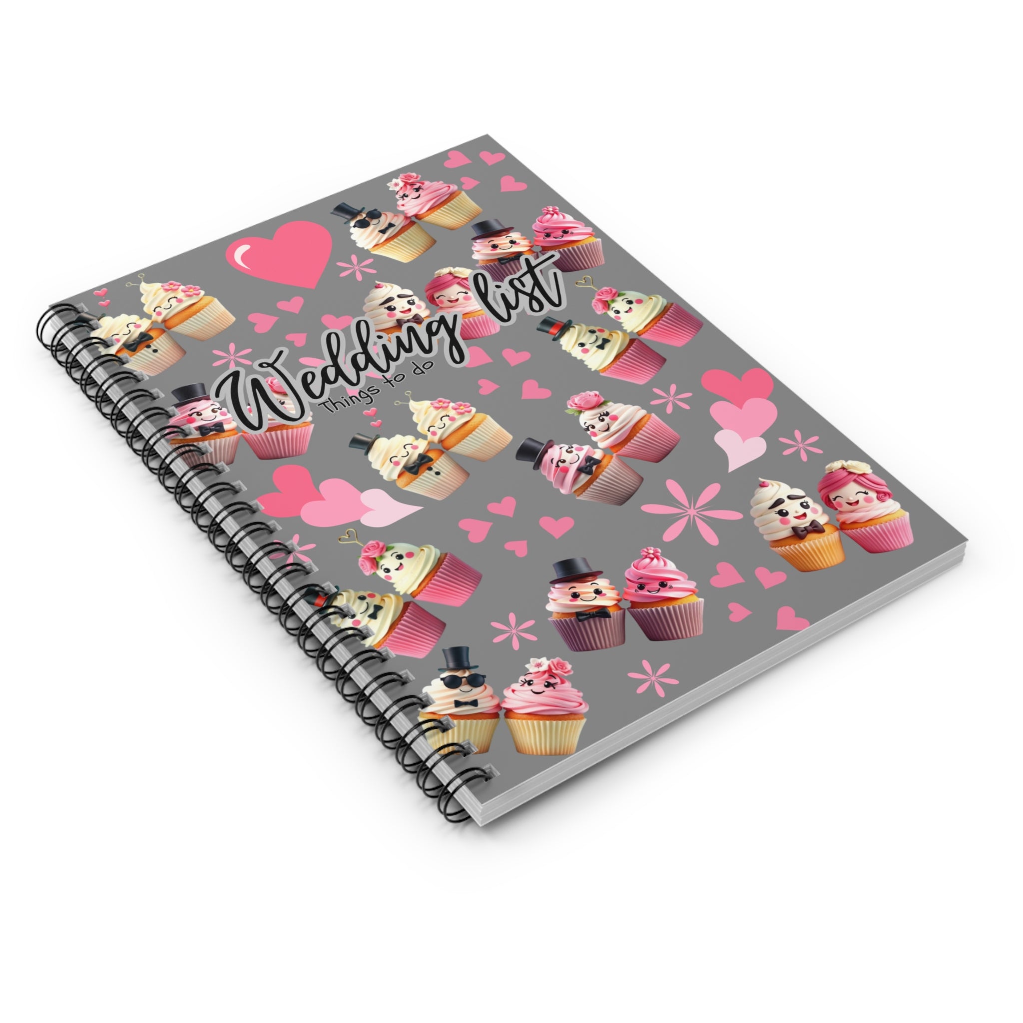 Wedding List Things to Do Spiral Notebook | Cupcake Hearts design - Grey