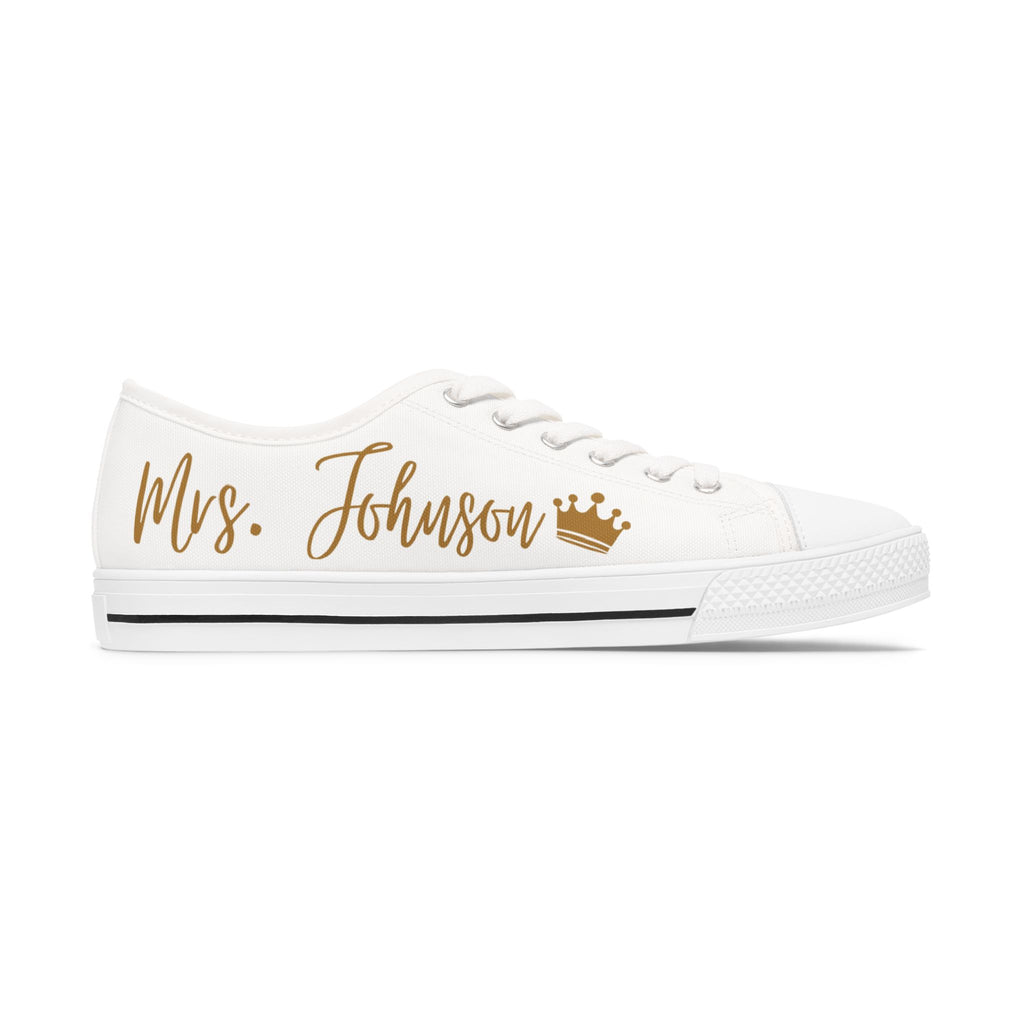 Mrs. Johnson crown design Women's Low Top Sneakers | customizable name and wedding date - Gold