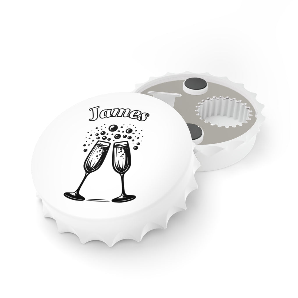 Personalized Magnetic Bottle Opener | Champagne Toast Design with Name - White
