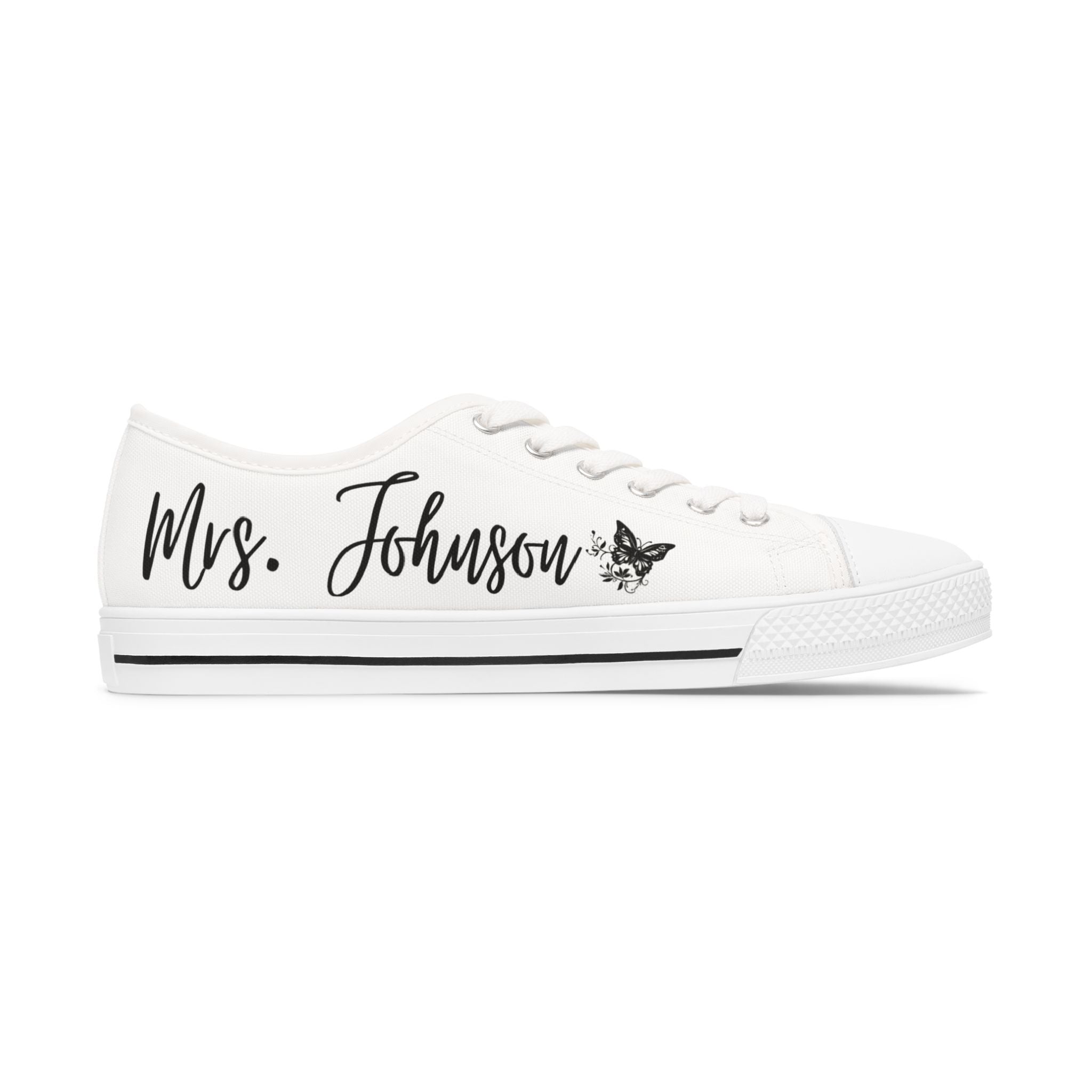 Mrs. Johnson butterfly design Women's Low Top Sneakers | customizable name and wedding date - Black