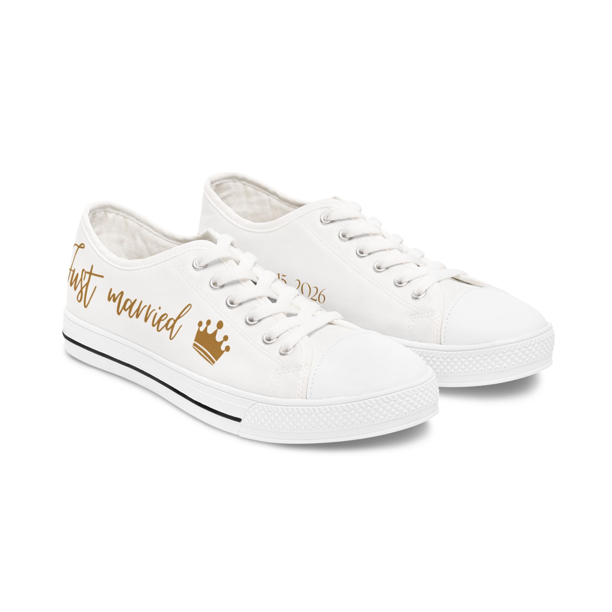 Just Married crown design Women's Low Top Sneakers | customizable wedding date - Gold