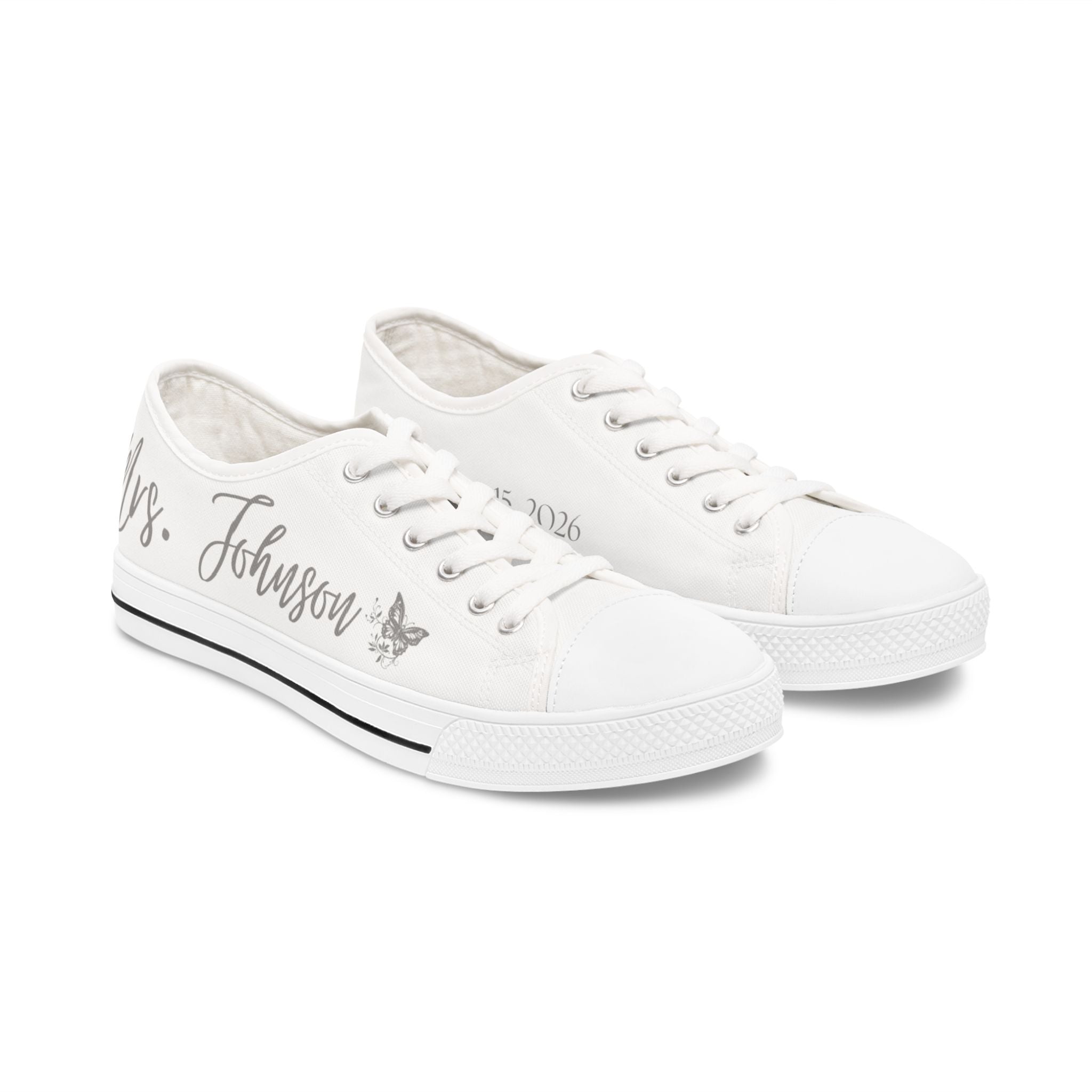 Mrs. Johnson butterfly design Women's Low Top Sneakers | customizable name and wedding date - Silver