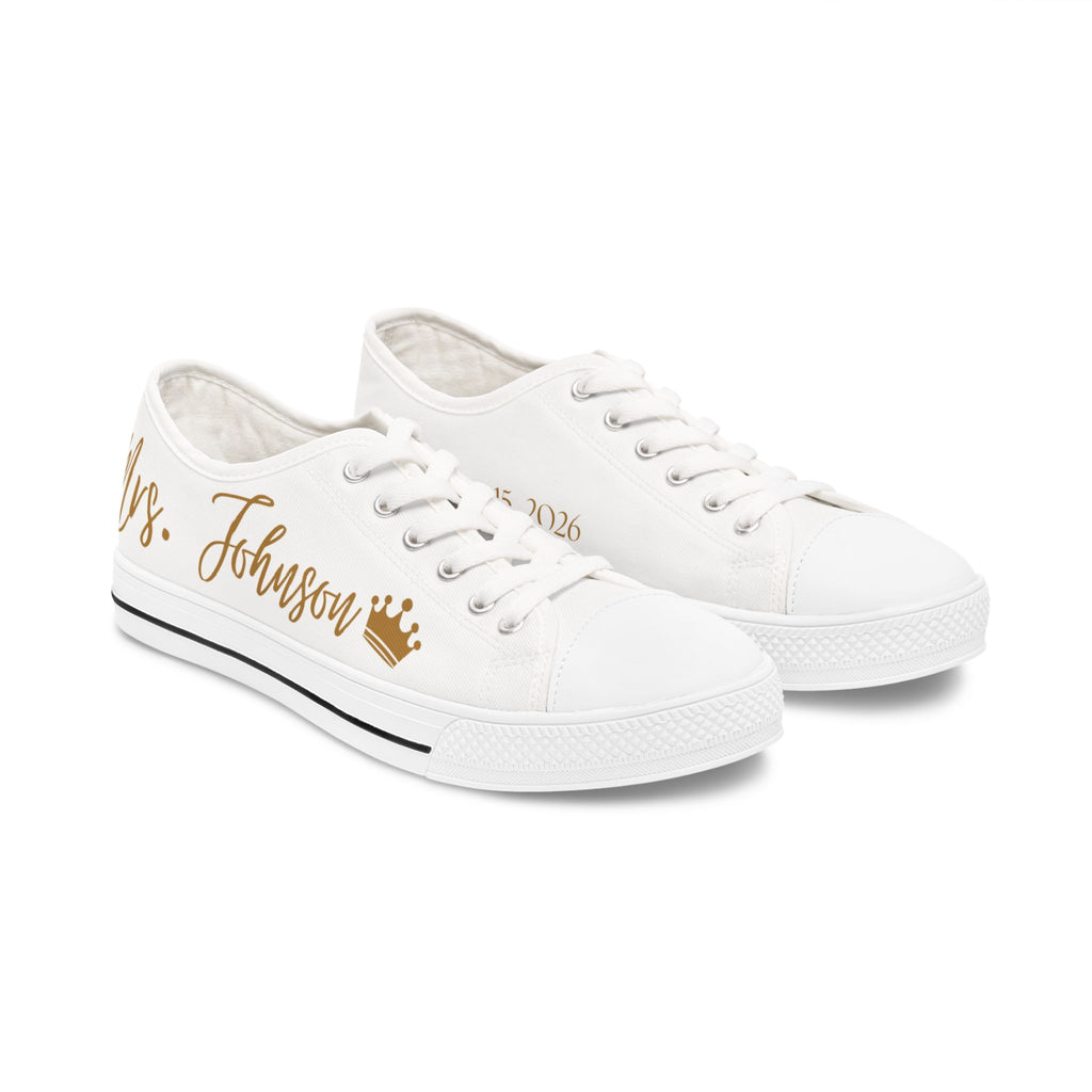 Mrs. Johnson crown design Women's Low Top Sneakers | customizable name and wedding date - Gold