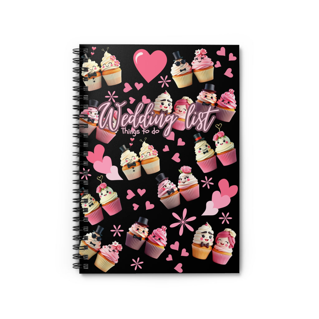 Wedding List Things to Do Spiral Notebook | Cupcake Hearts design - Black