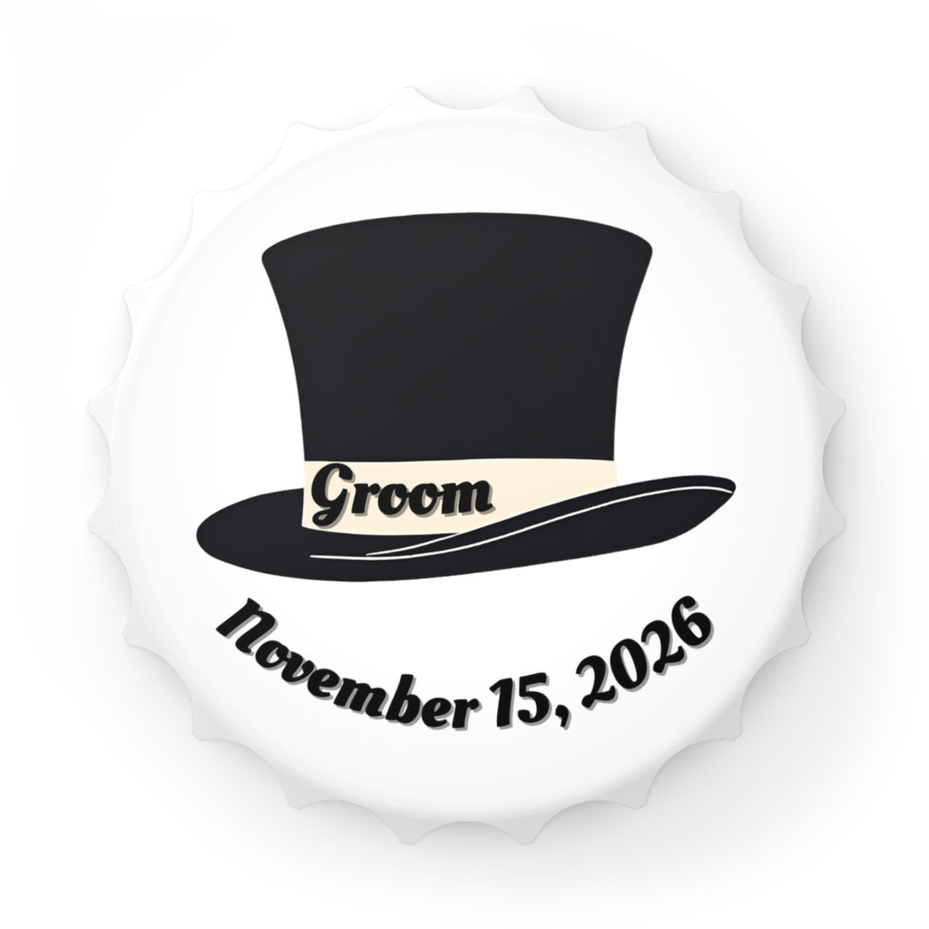 Groom Top Hat Magnetic Bottle Opener — Customizable Wedding Date