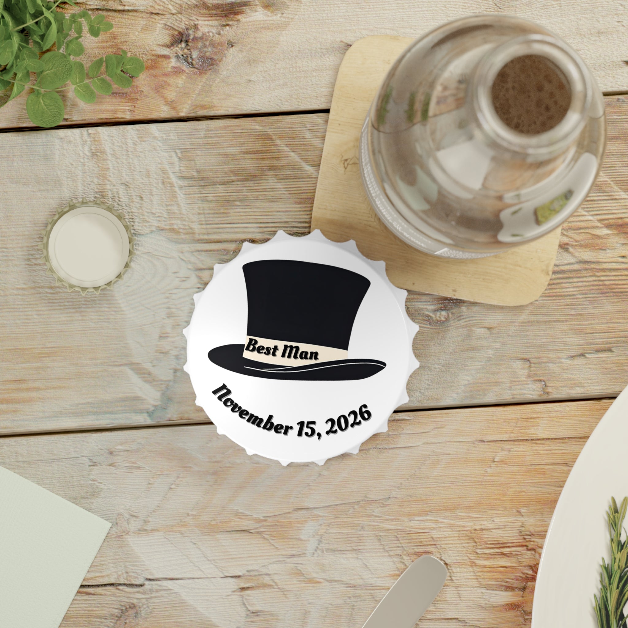 Best Man Top Hat Magnetic Bottle Opener — Customizable Wedding Date