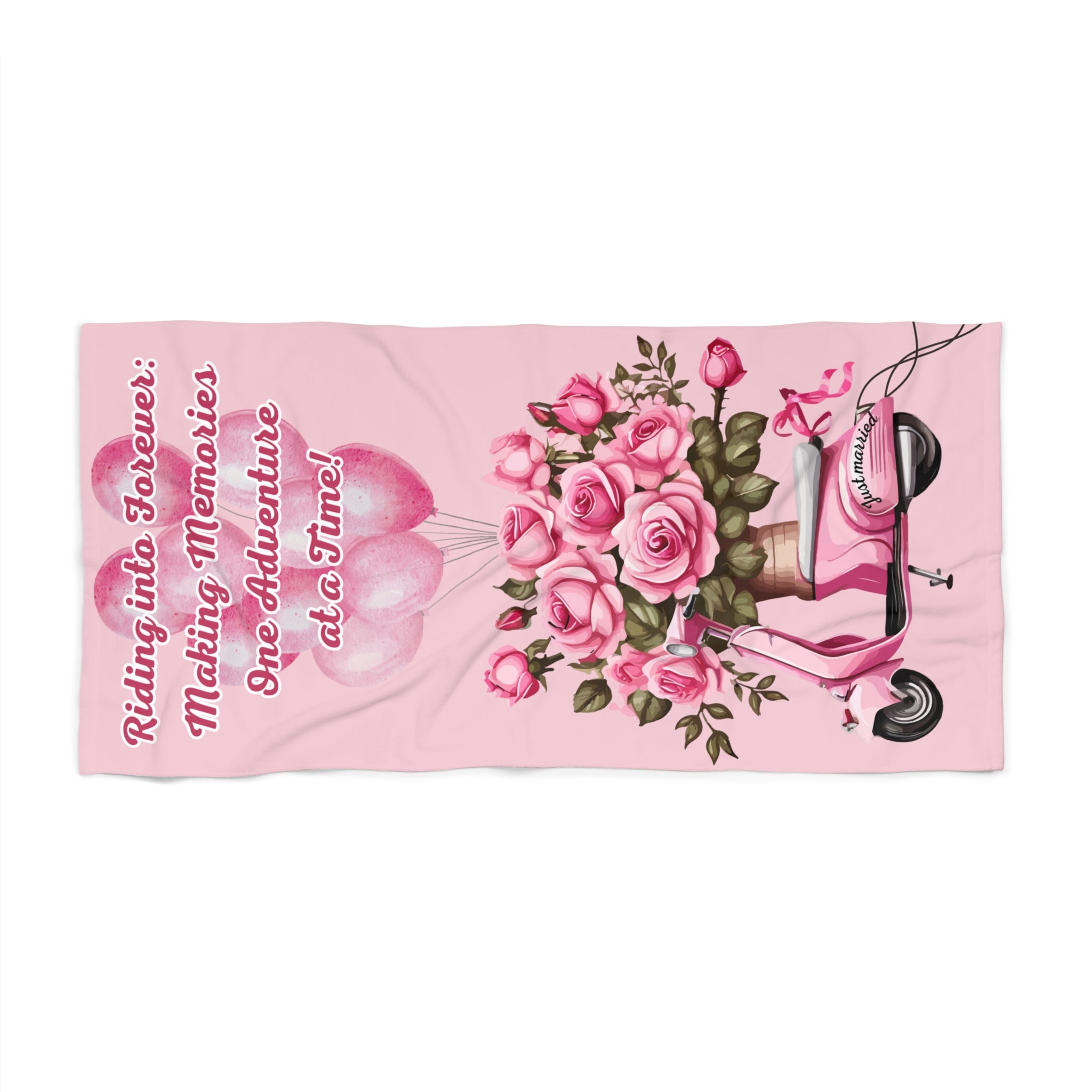 Beach Towel | Just married - 'Riding into forever: Making memories one adventure at a time' - Pink (Vertical)