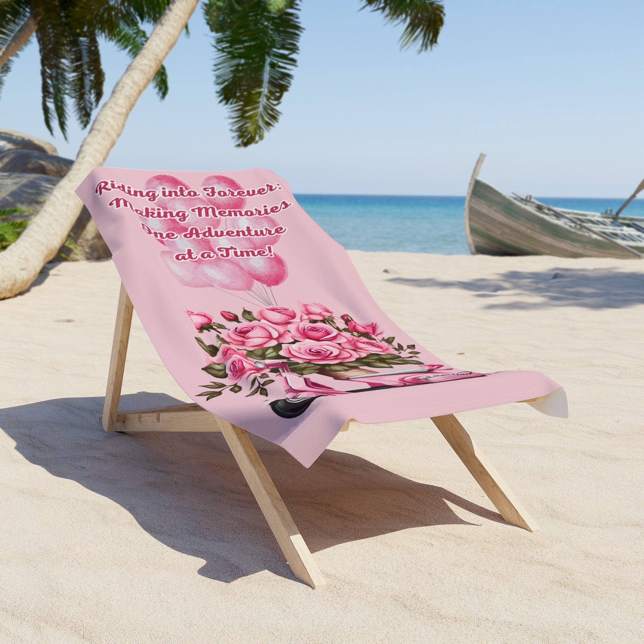Beach Towel | Just married - 'Riding into forever: Making memories one adventure at a time' - Pink (Vertical)