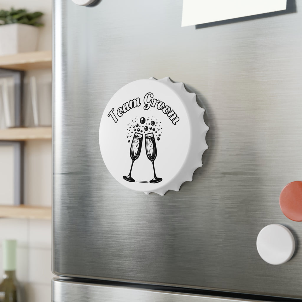 Team Groom Magnetic Bottle Opener — Clinking Champagne Glasses