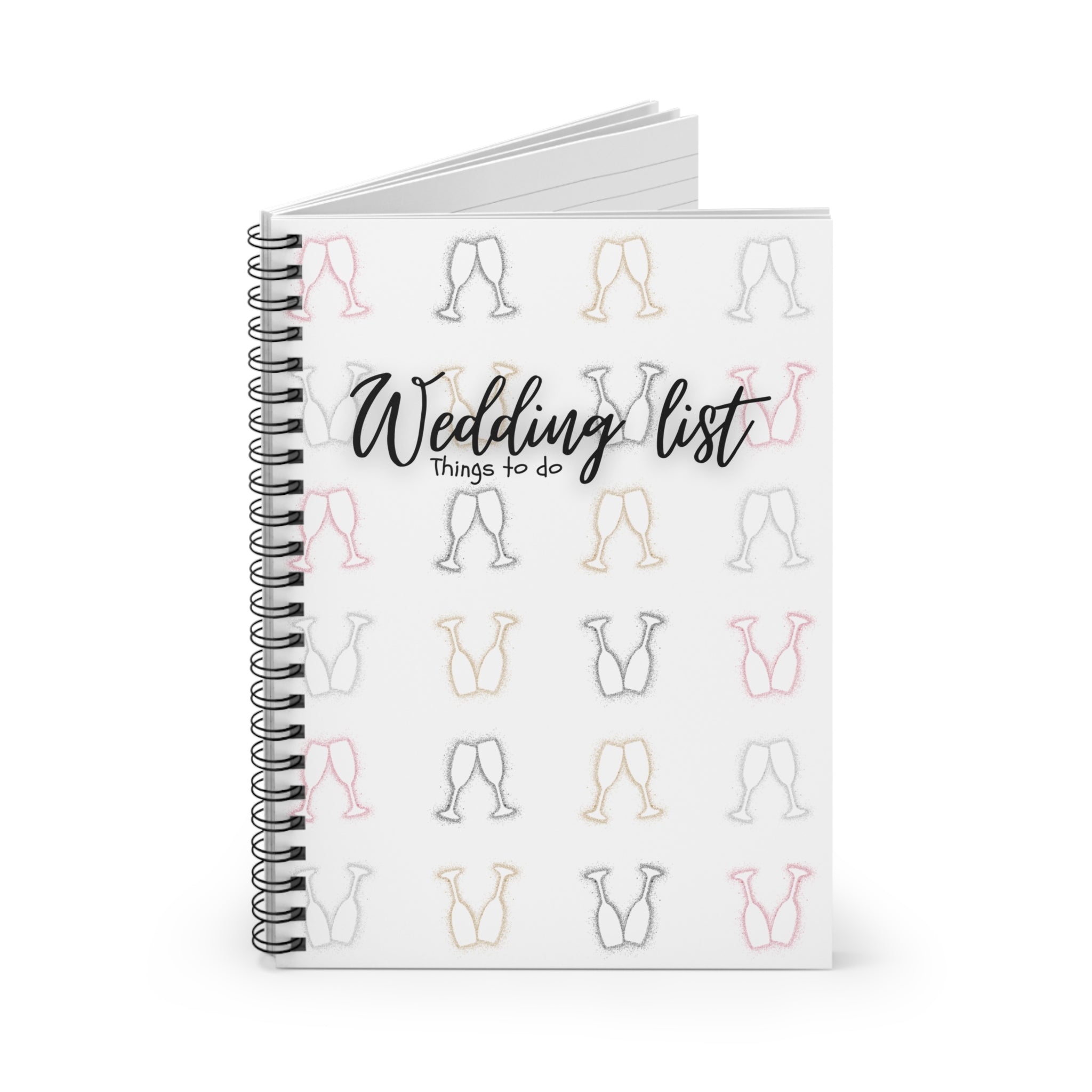 Wedding List Things to Do Spiral Notebook | Champagne Glasses - White