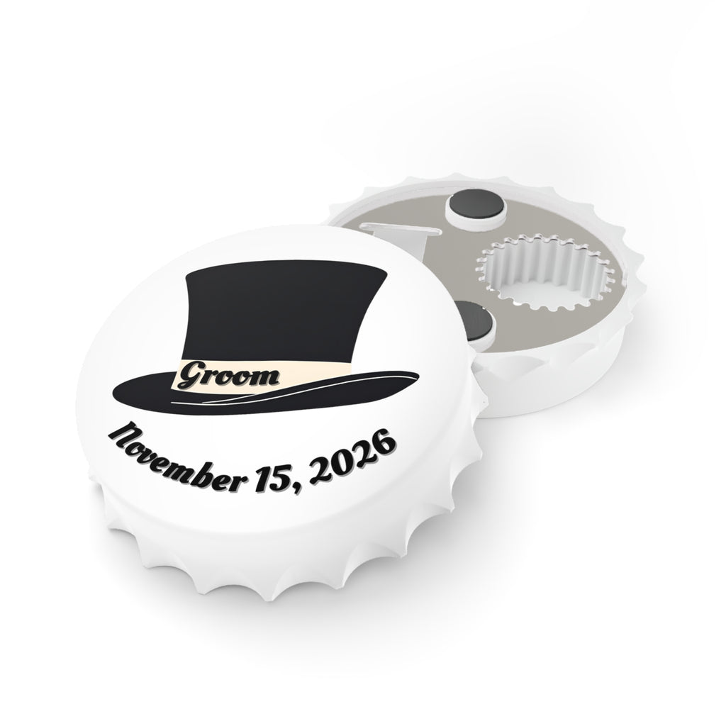 Groom Top Hat Magnetic Bottle Opener — Customizable Wedding Date