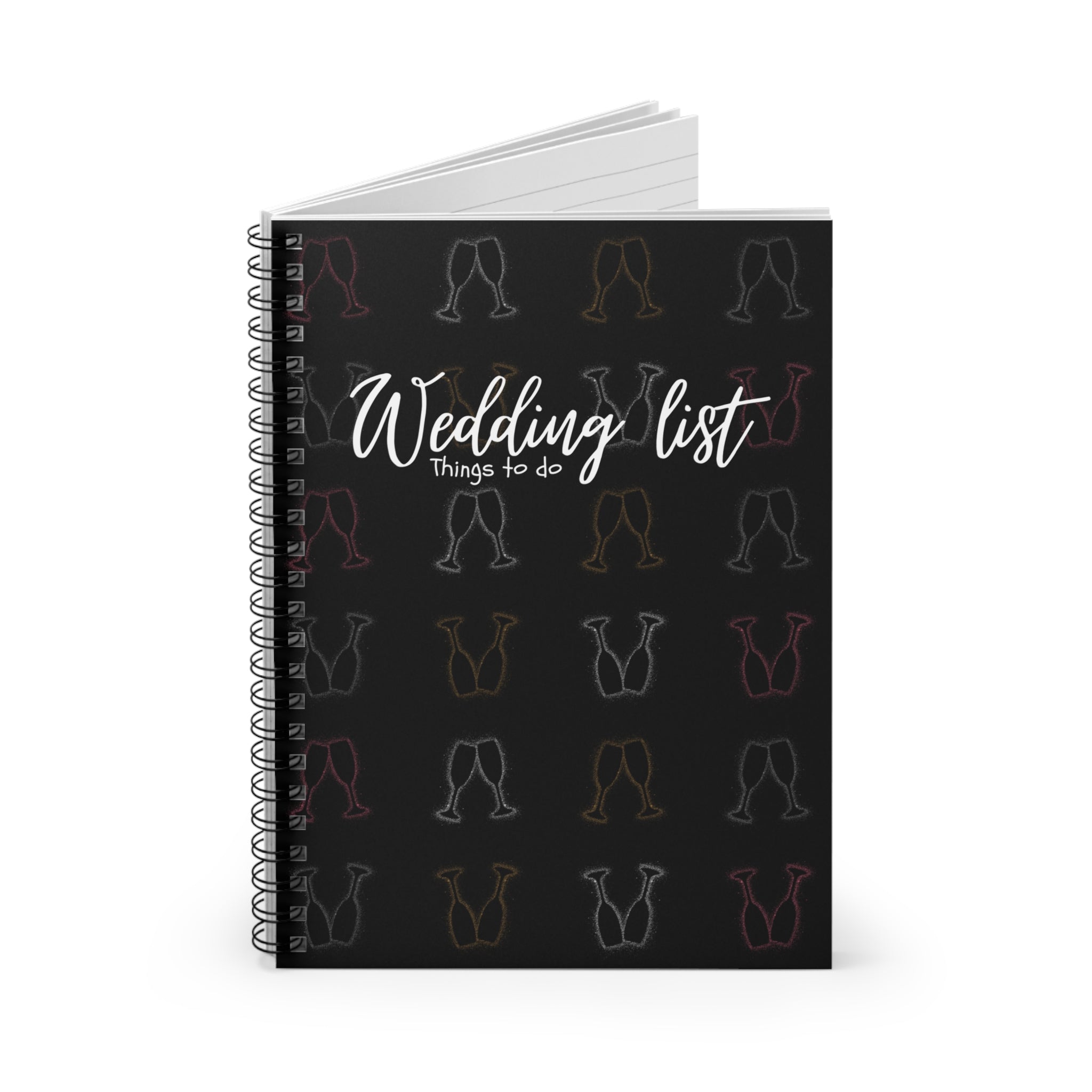 Wedding List Things to Do Spiral Notebook | Champagne Glasses - Black