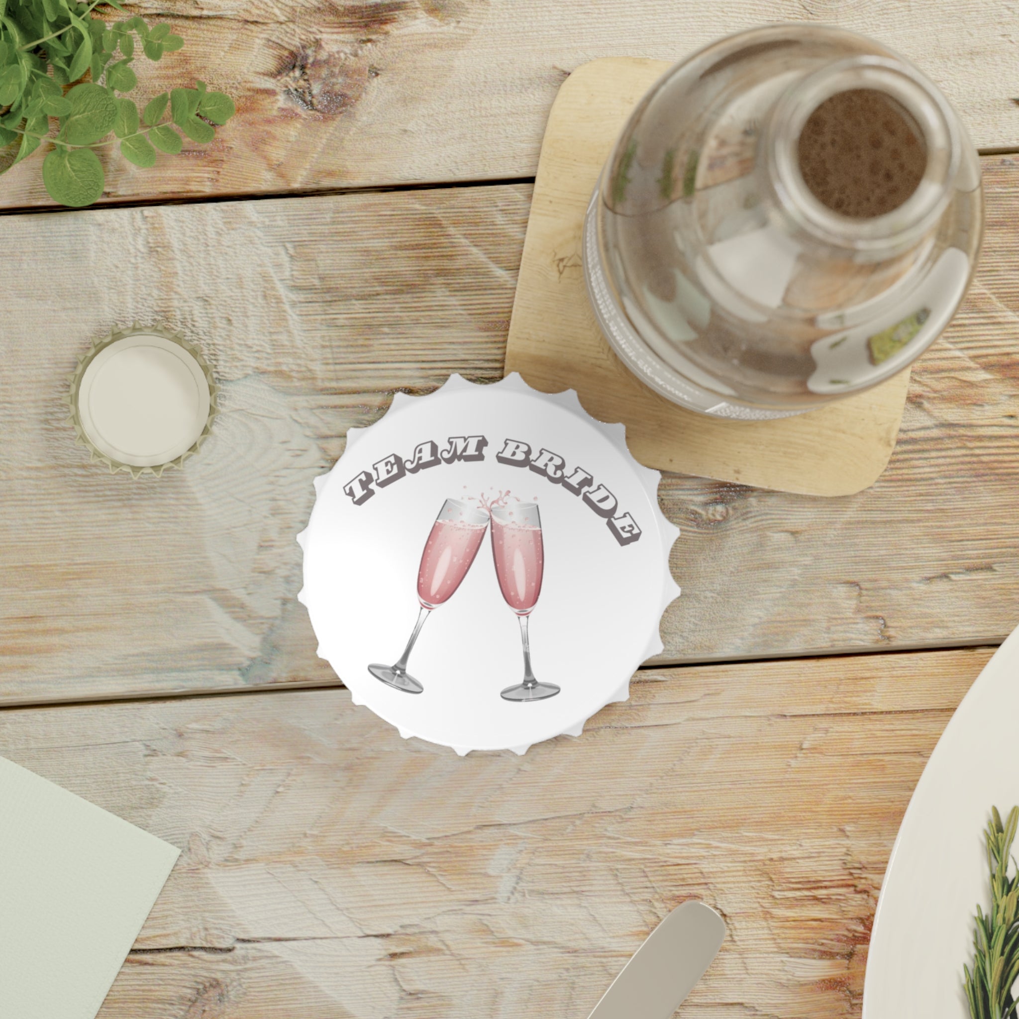 Team Bride Magnetic Bottle Opener | Clinking Champagne Glasses - Pink/Grey