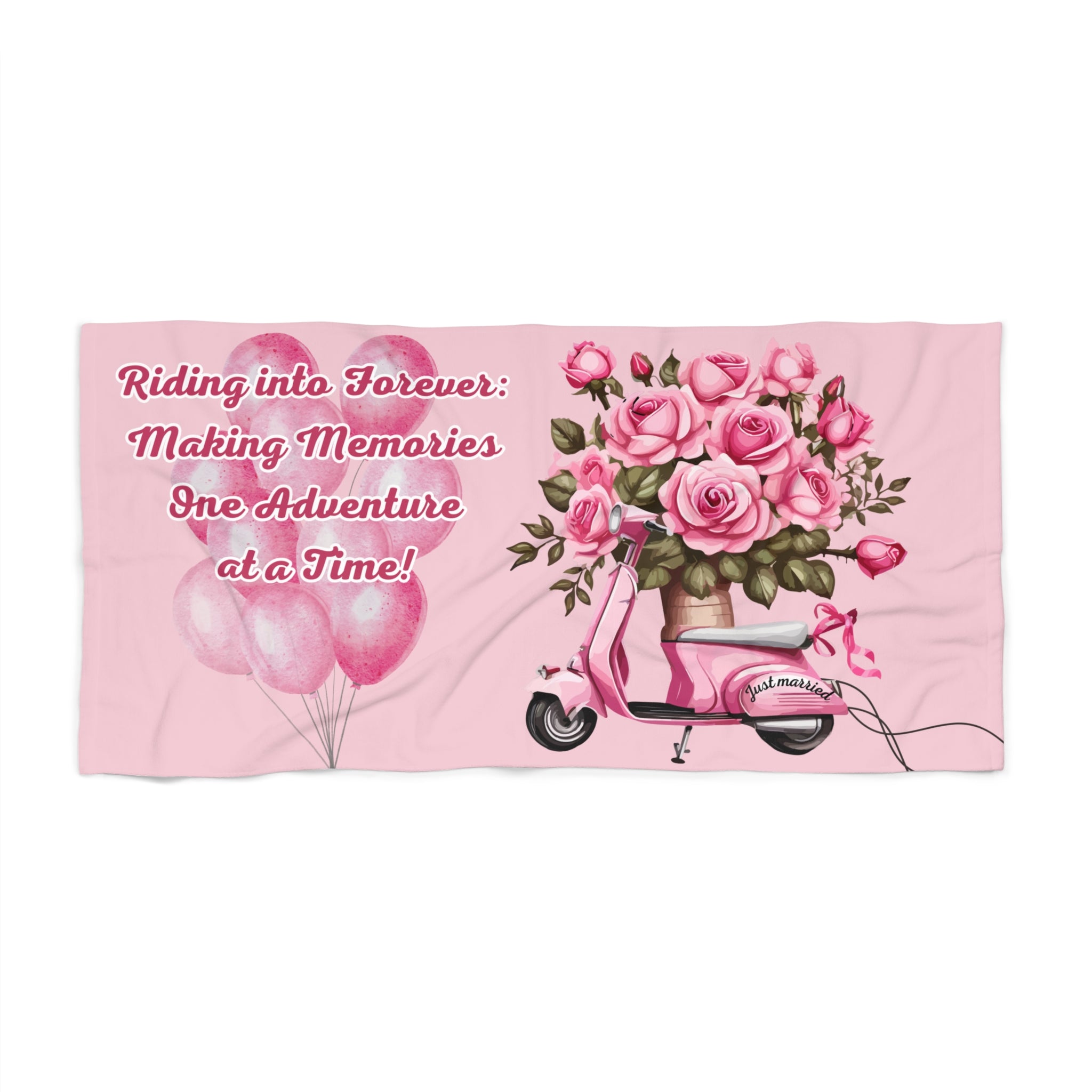 Beach Towel | Just married - 'Riding into forever: Making memories one adventure at a time' - Pink