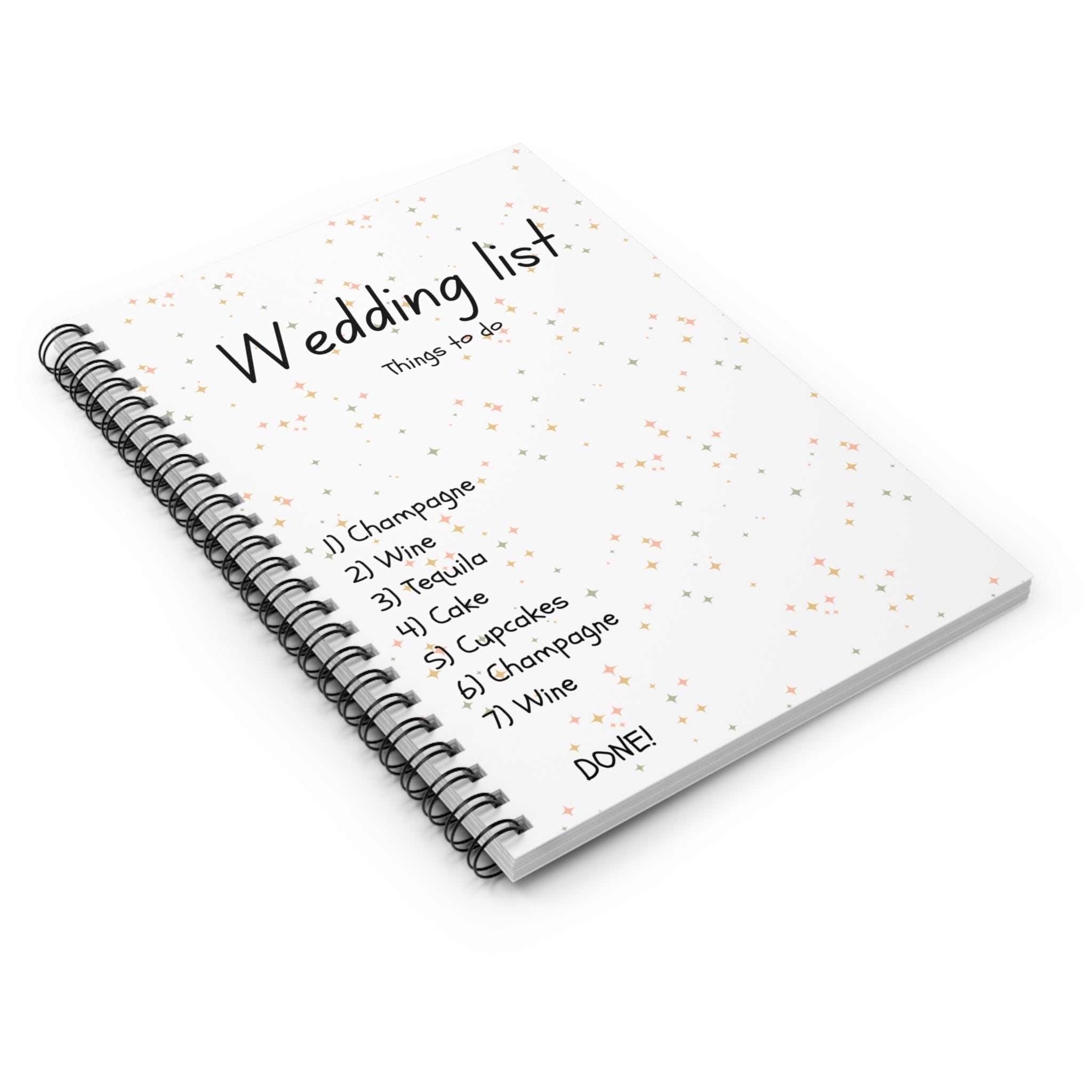 Wedding List Spiral Notebook | Ruled Planner, Things To Do with checklist - Gold, green, pink Confetti