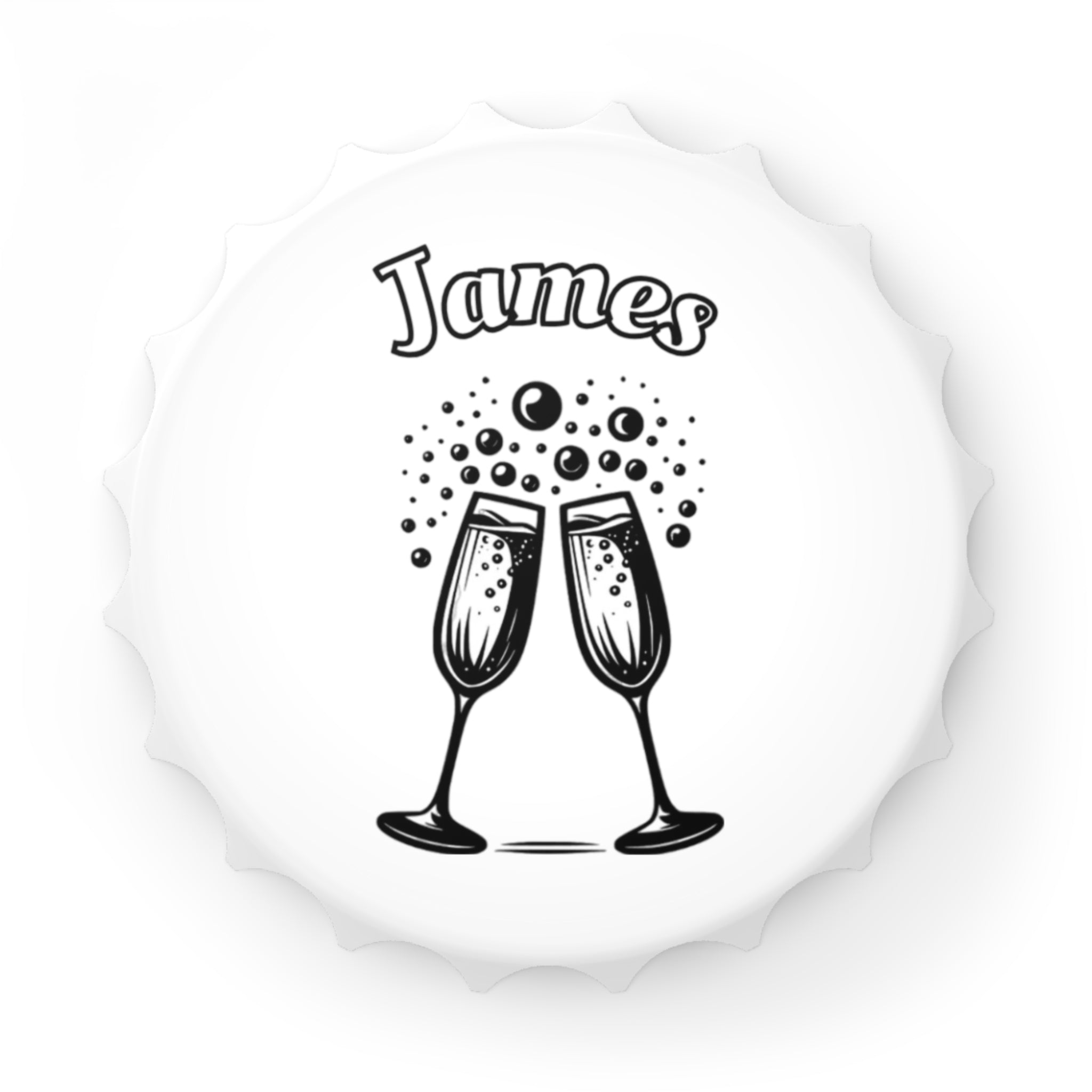 Personalized Magnetic Bottle Opener | Champagne Toast Design with Name - White