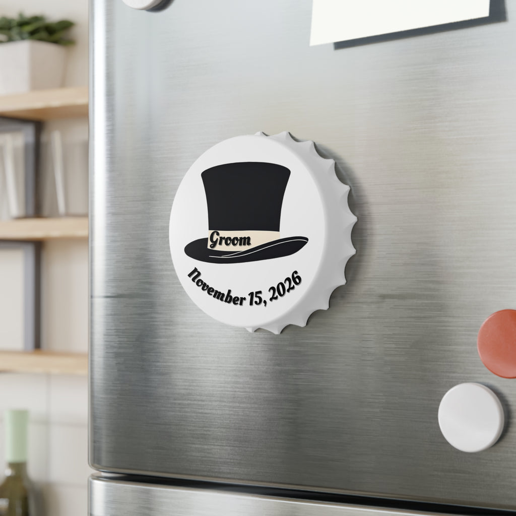 Groom Top Hat Magnetic Bottle Opener — Customizable Wedding Date