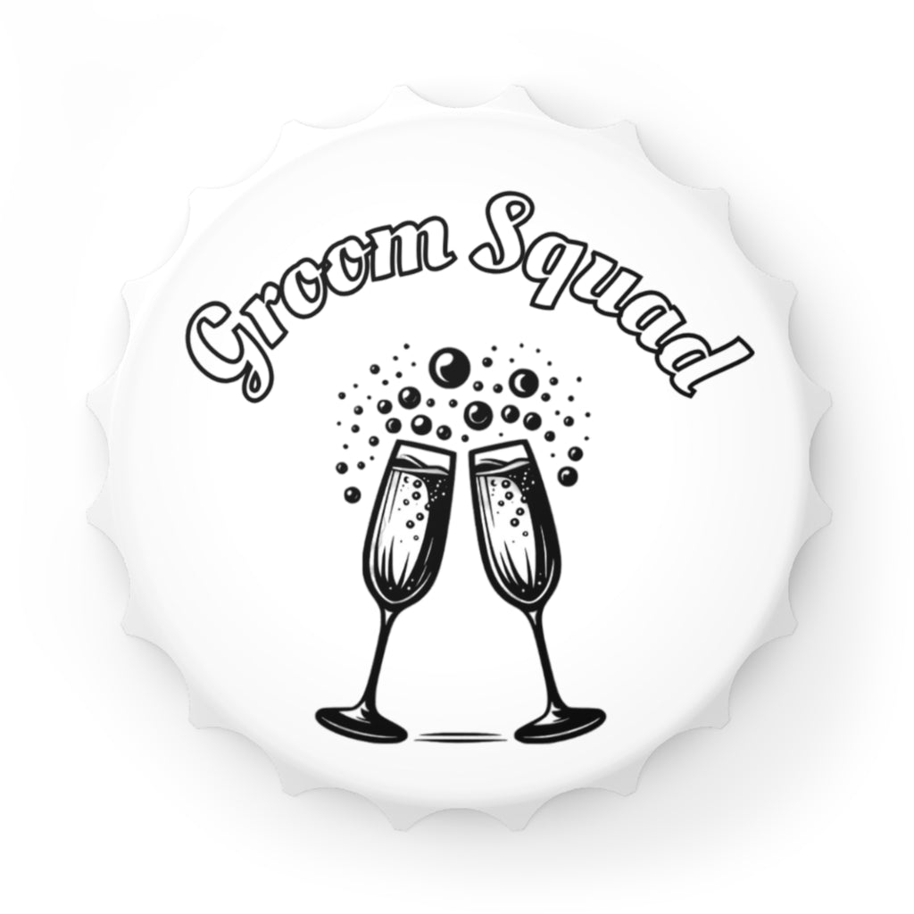 Groom Squad Magnetic Bottle Opener — Clinking Champagne Glasses