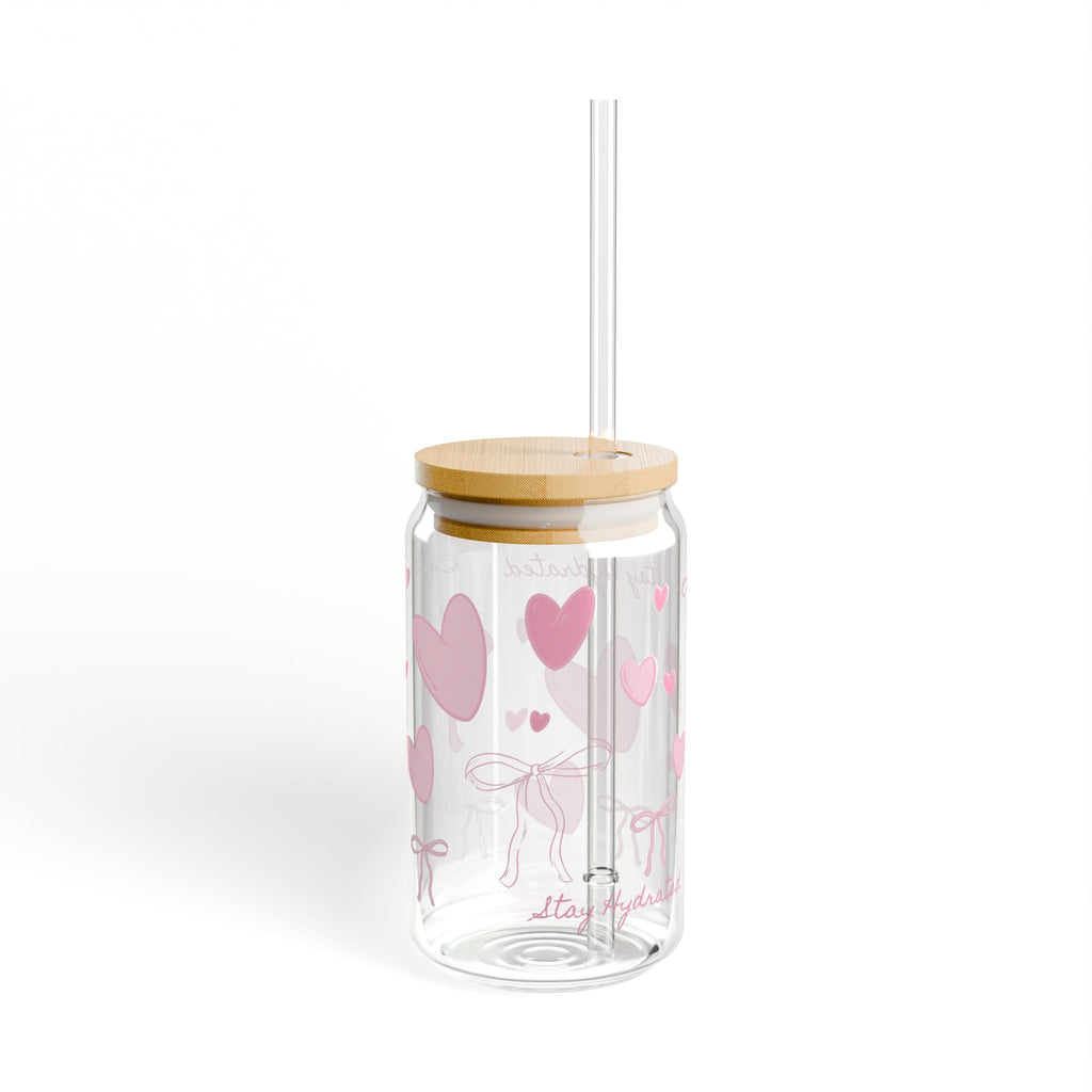 Sipper Glass 16oz - 'Stay Hydrated' text with pink bow and heart design