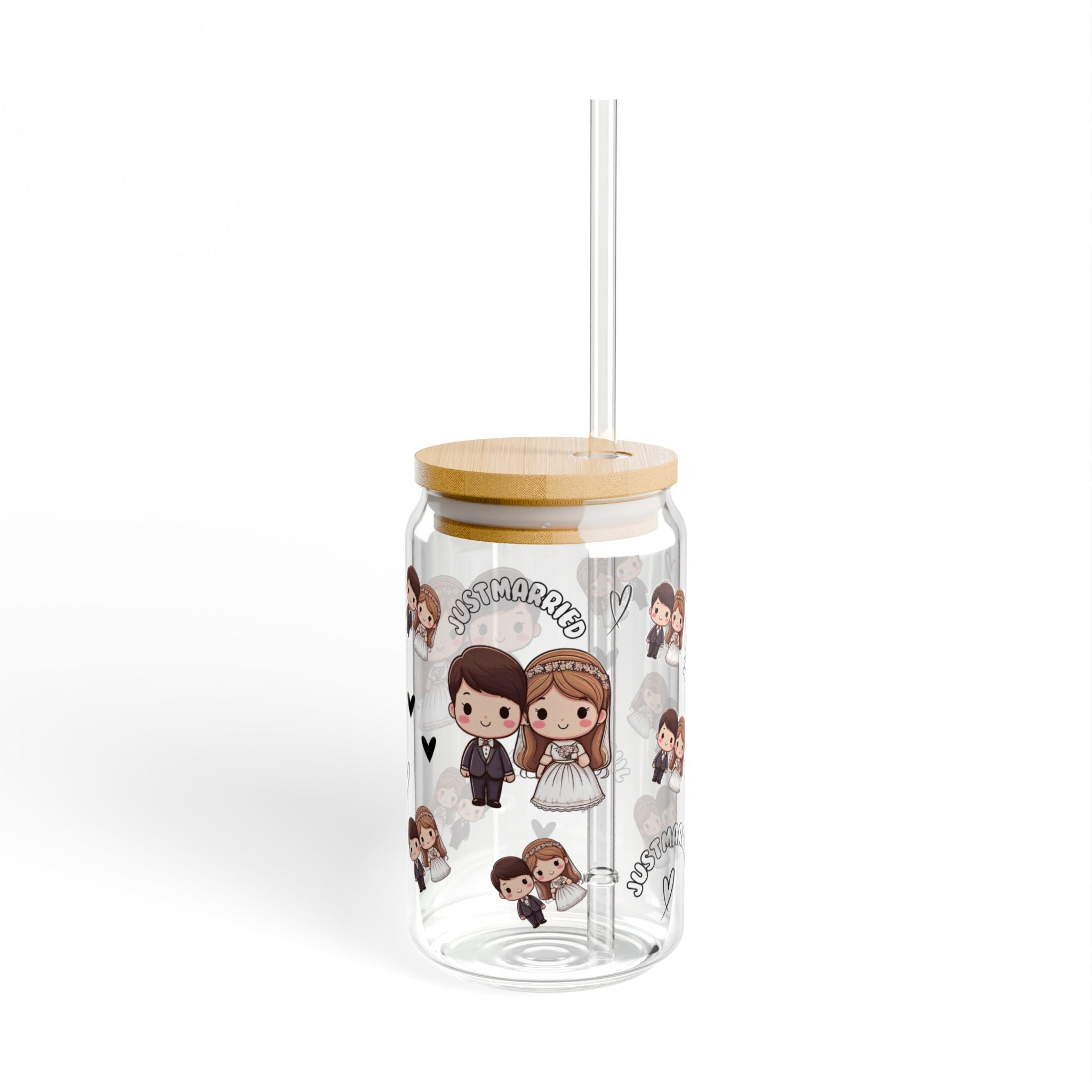 Sipper Glass 16oz - 'Just married' text with a bride and groom print