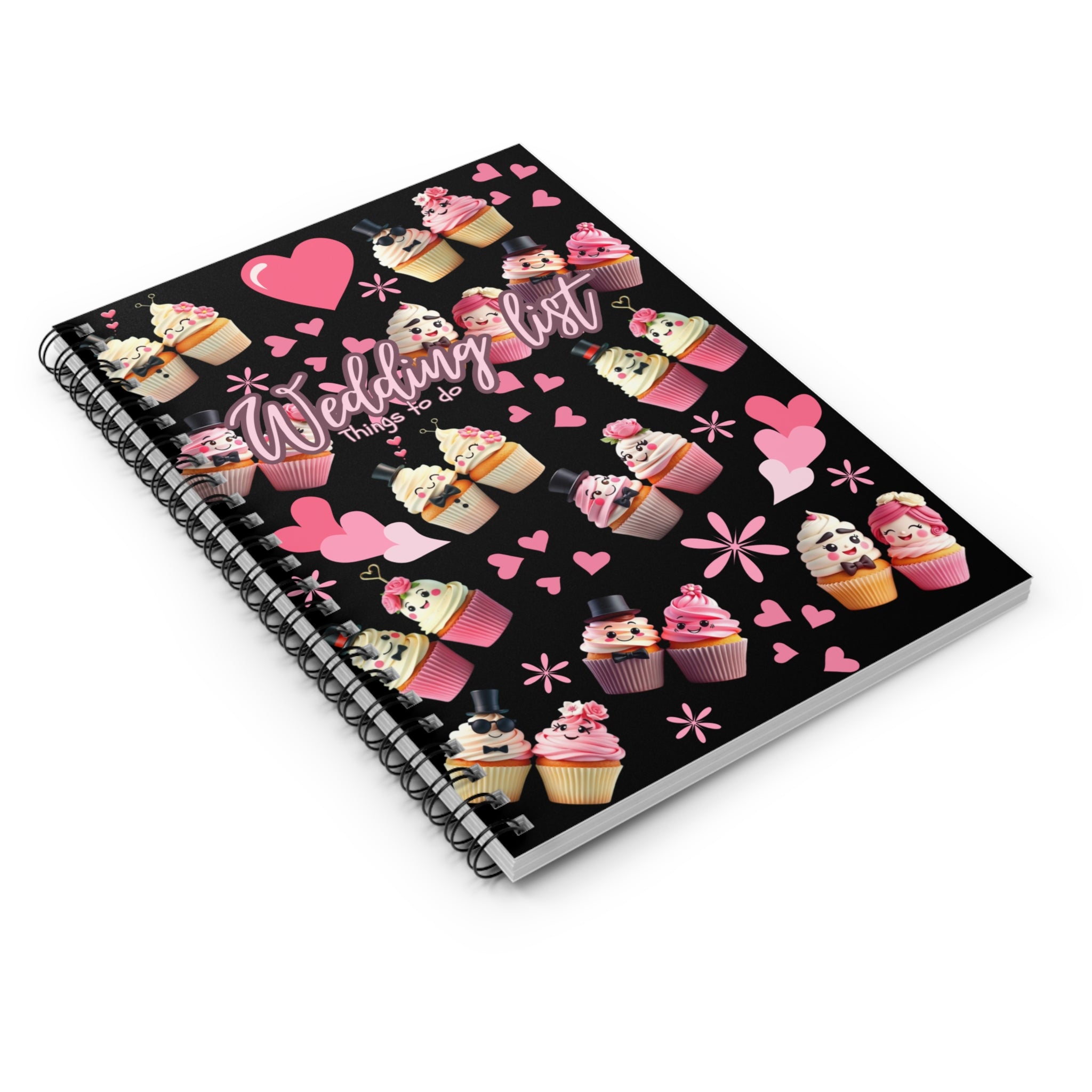 Wedding List Things to Do Spiral Notebook | Cupcake Hearts design - Black