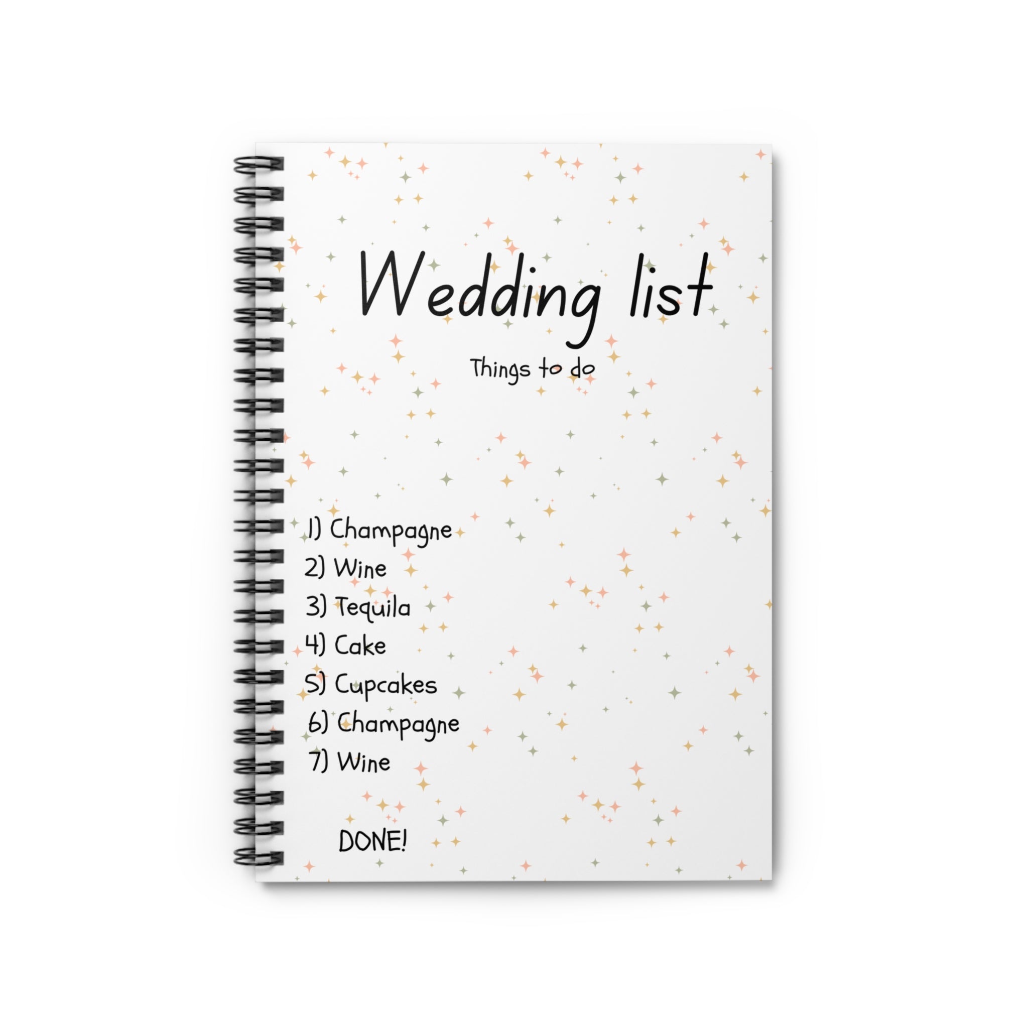 Wedding List Spiral Notebook | Ruled Planner, Things To Do with checklist - Gold, green, pink Confetti